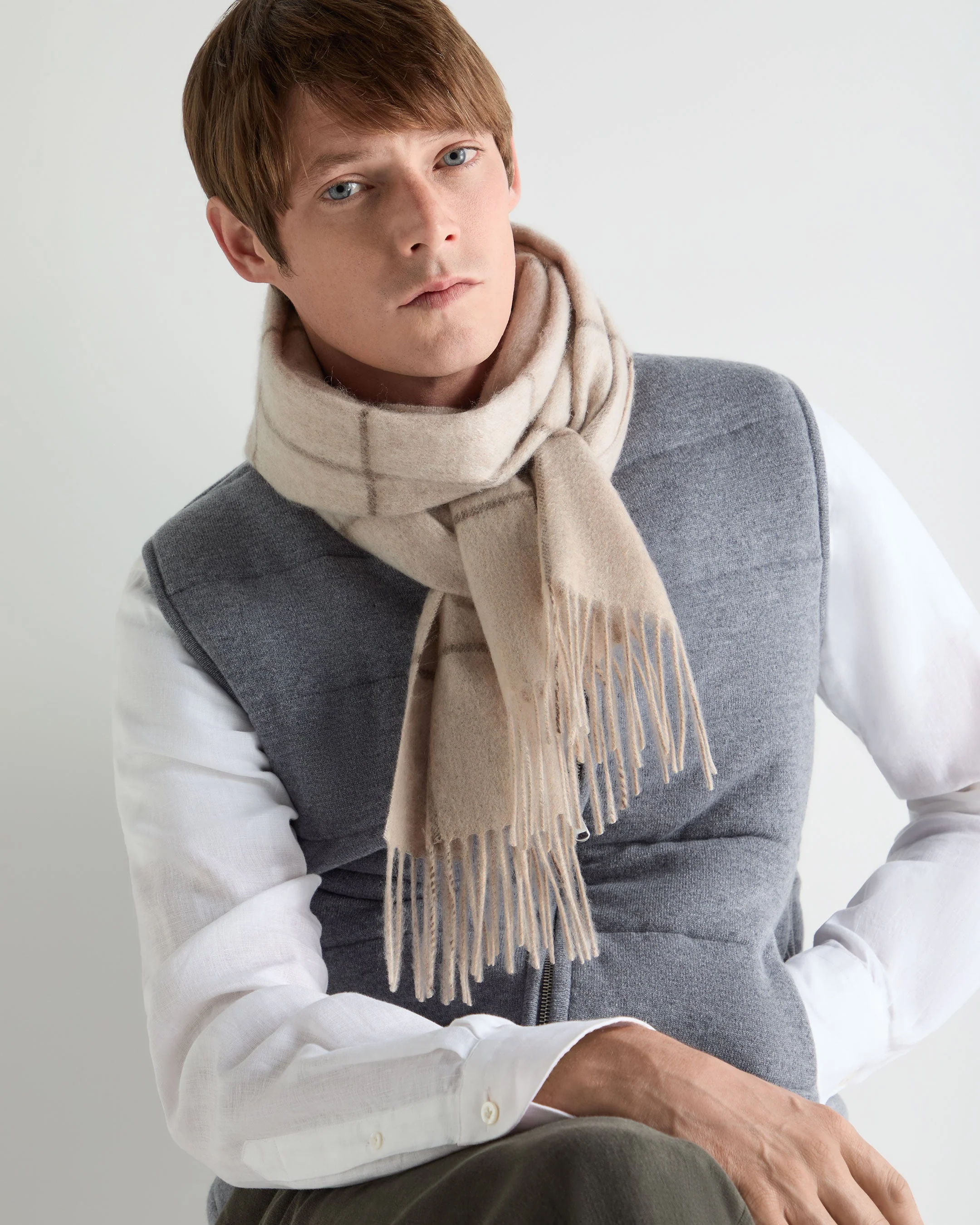 Unisex Cashmere Check Scarf Ecru White + Brown - Image 5