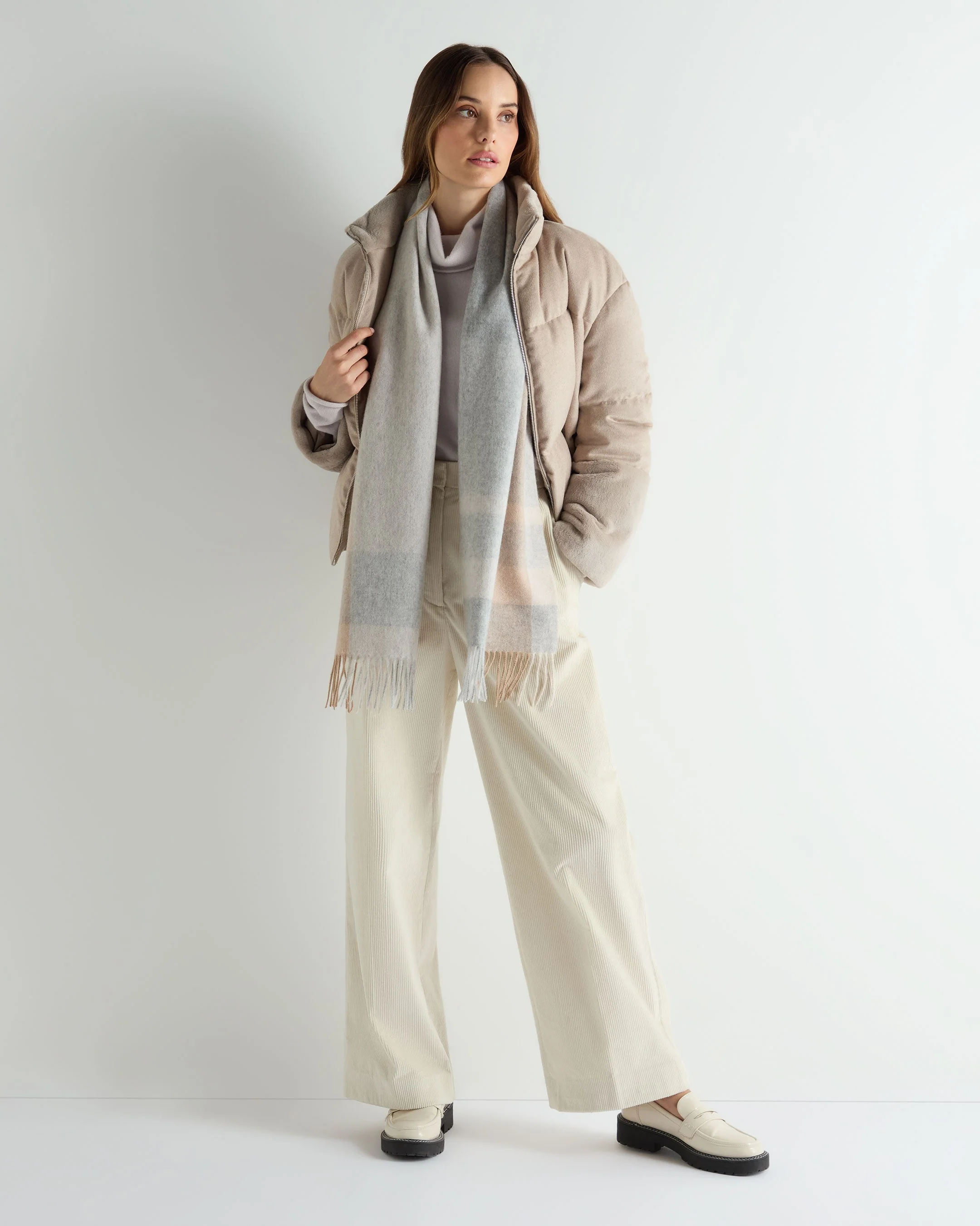 Unisex Cashmere Check Scarf Light Grey + Camel - Image 3