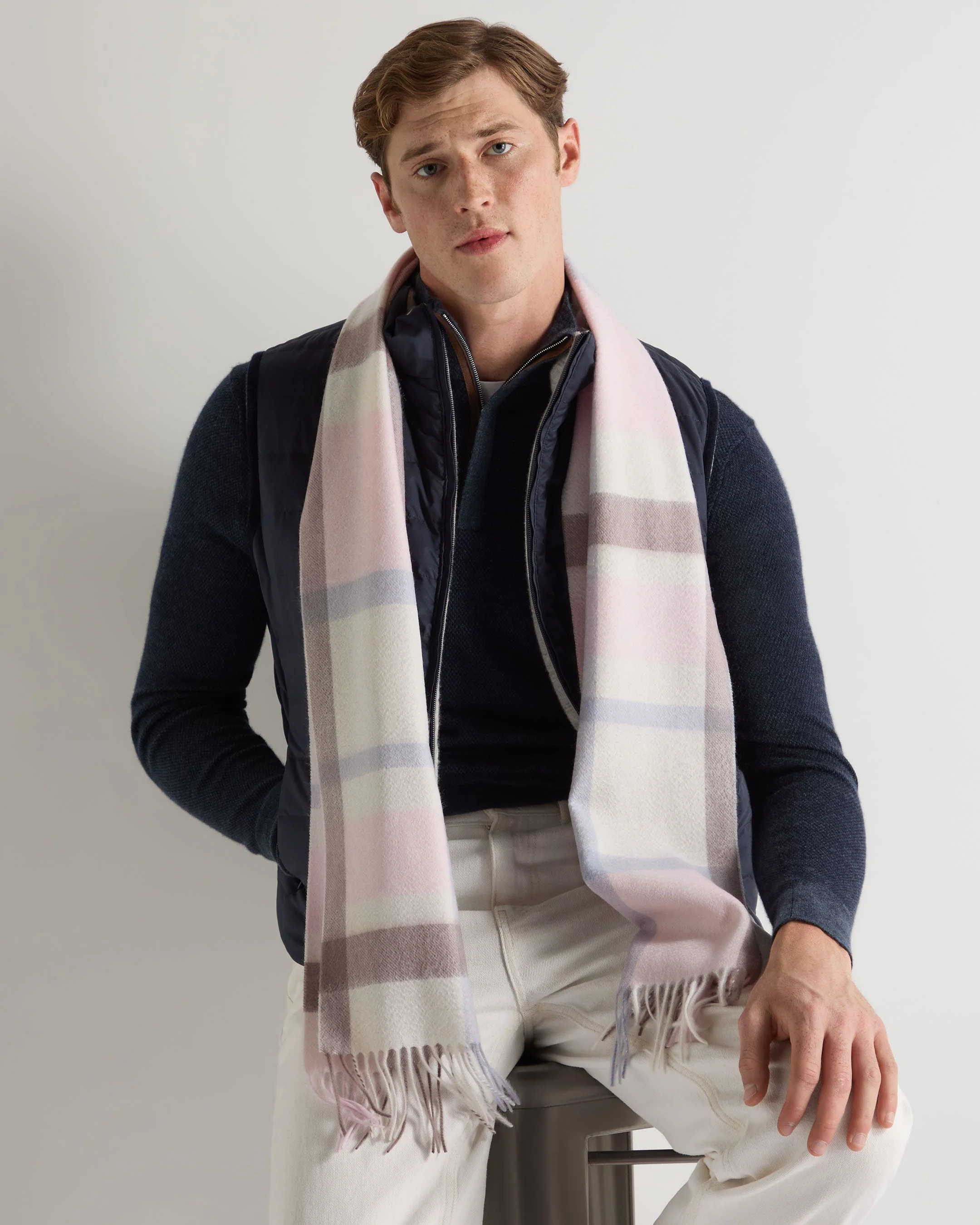 Unisex Cashmere Check Scarf Oatmeal + Grey Check - Image 3