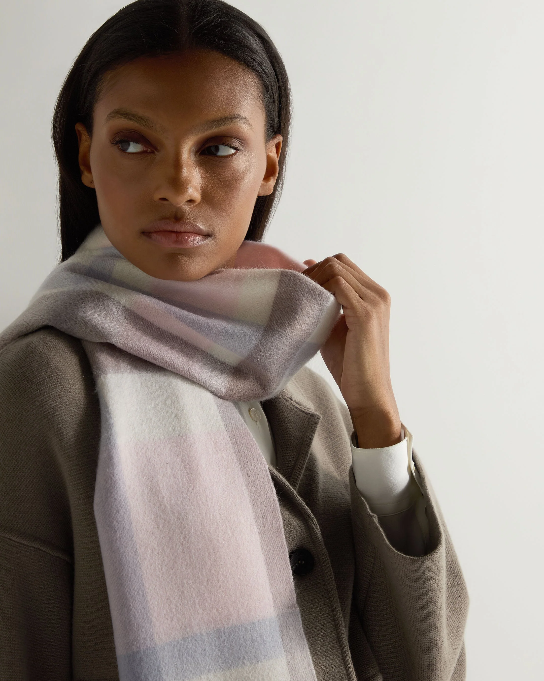 Unisex Cashmere Check Scarf Oatmeal + Grey Check - Image 4