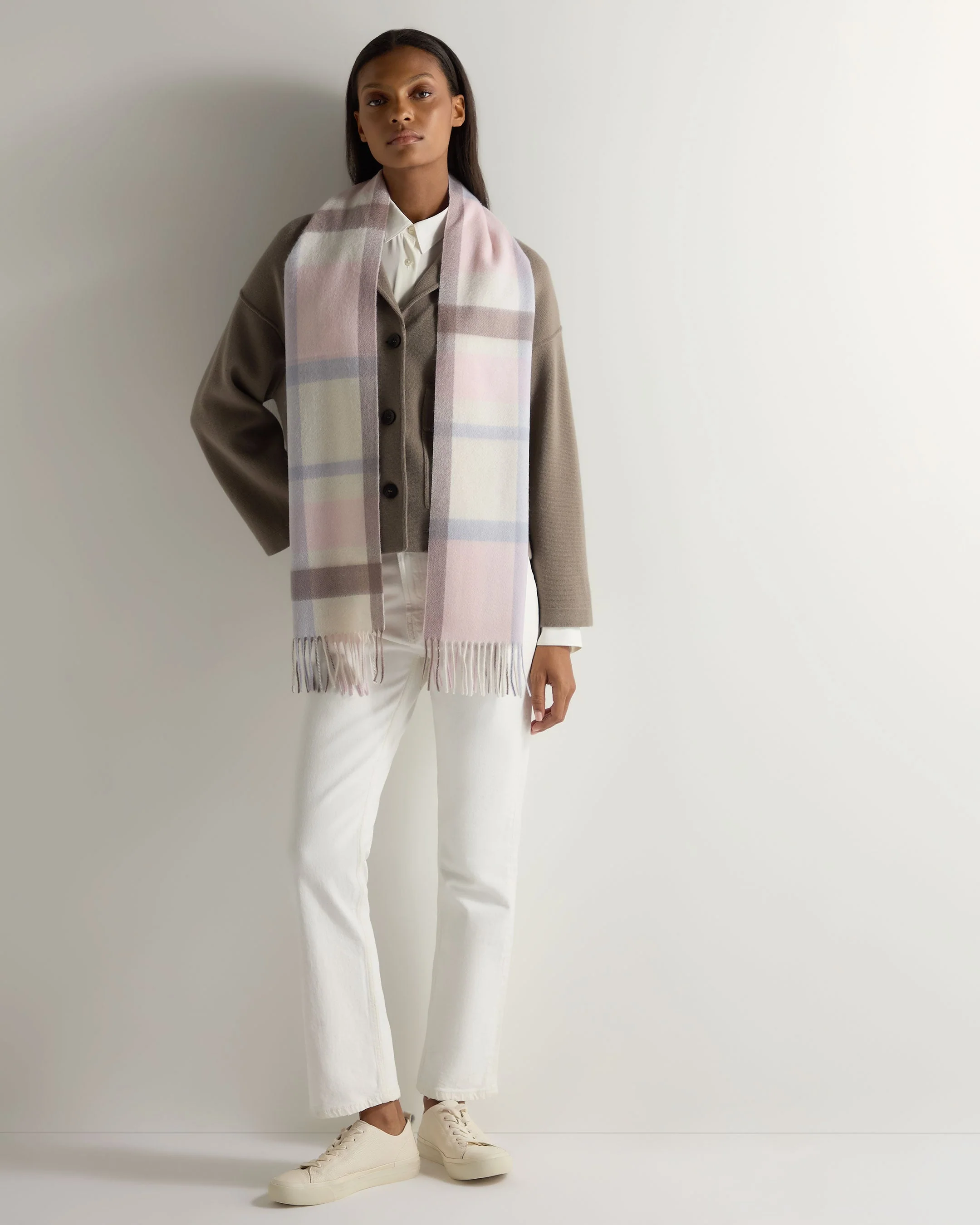 Unisex Cashmere Check Scarf Oatmeal + Grey Check - Image 6
