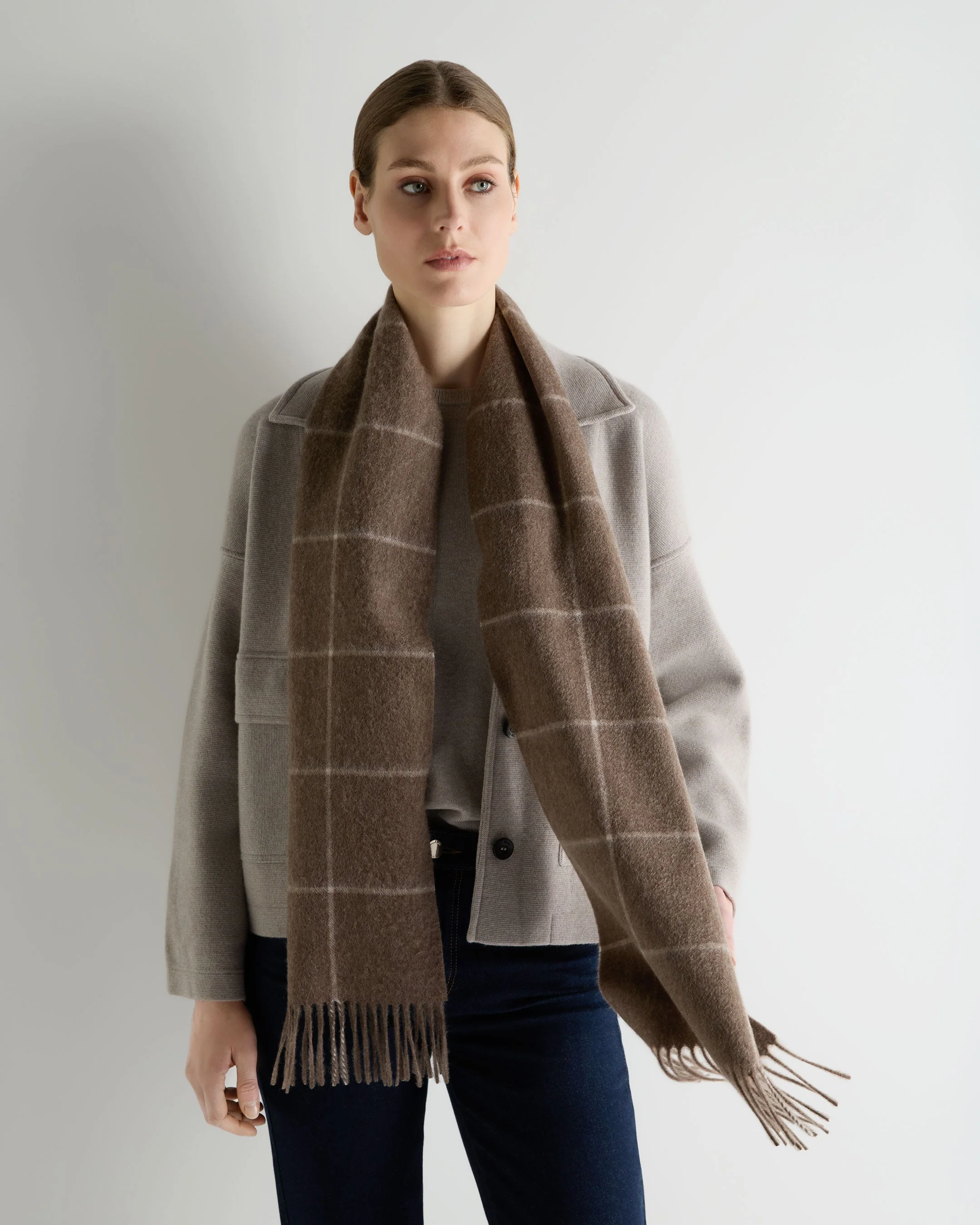 Unisex Cashmere Check Scarf Taupe Brown + Natural Brown - Image 3