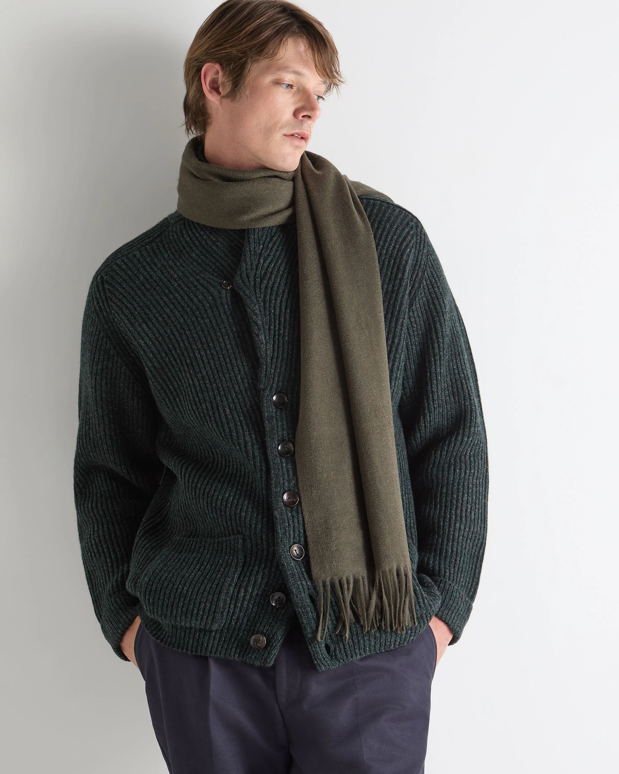Unisex Large Woven Cashmere Scarf Arabica Khaki Green - Image 4