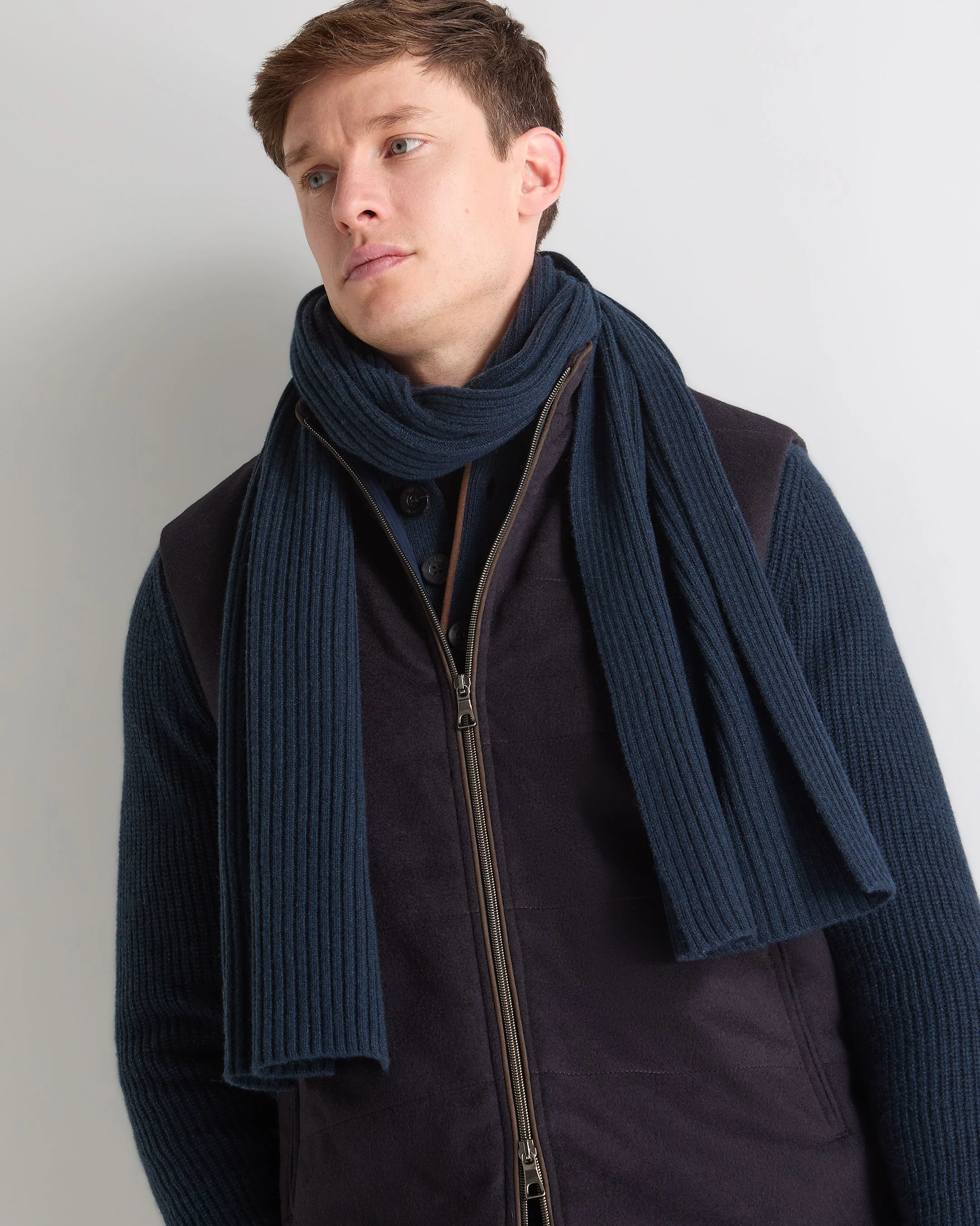 Unisex Short Ribbed Cashmere Scarf Indigo Blue - Image 3