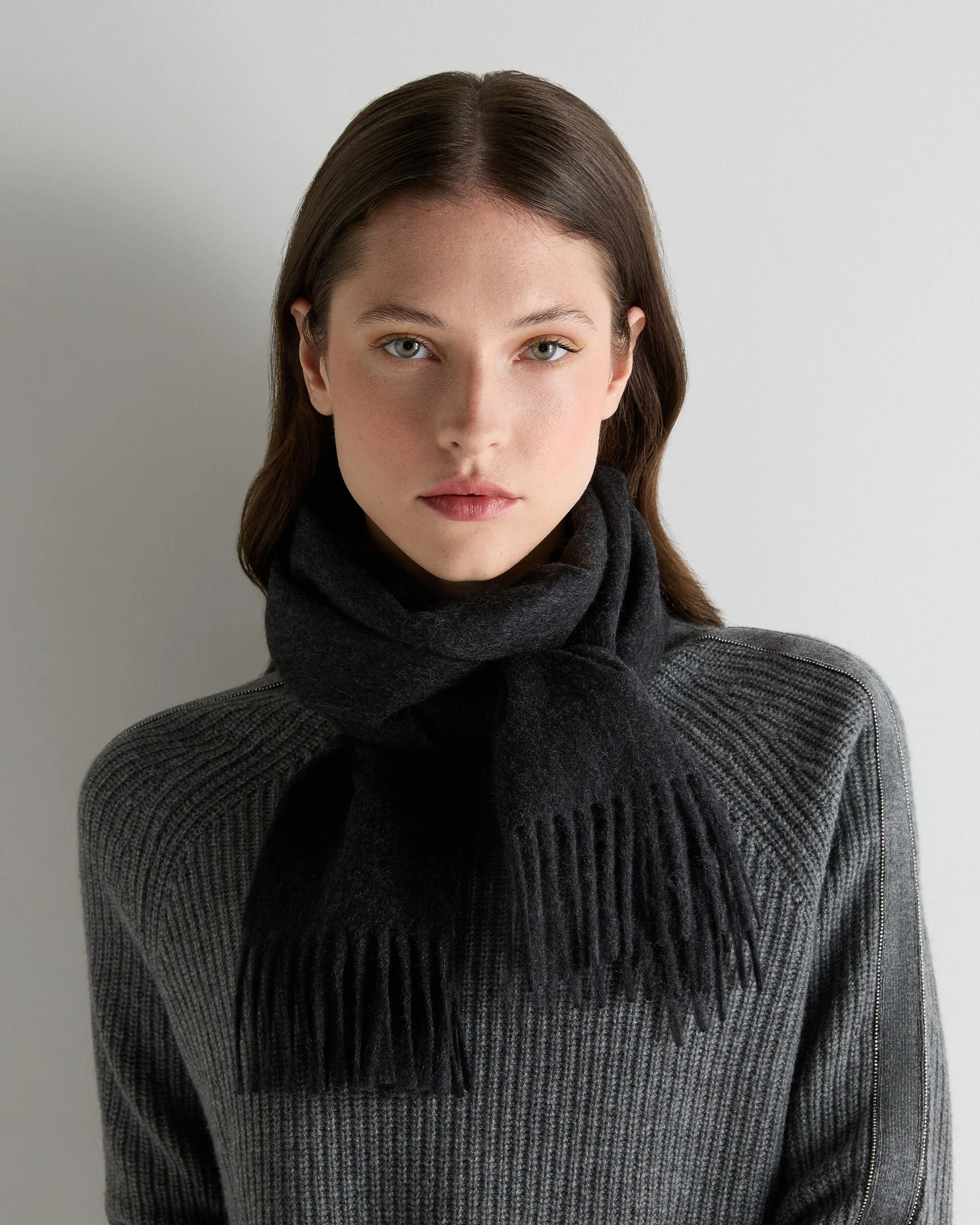Unisex Woven Cashmere Scarf Deep Charcoal Grey - Image 2