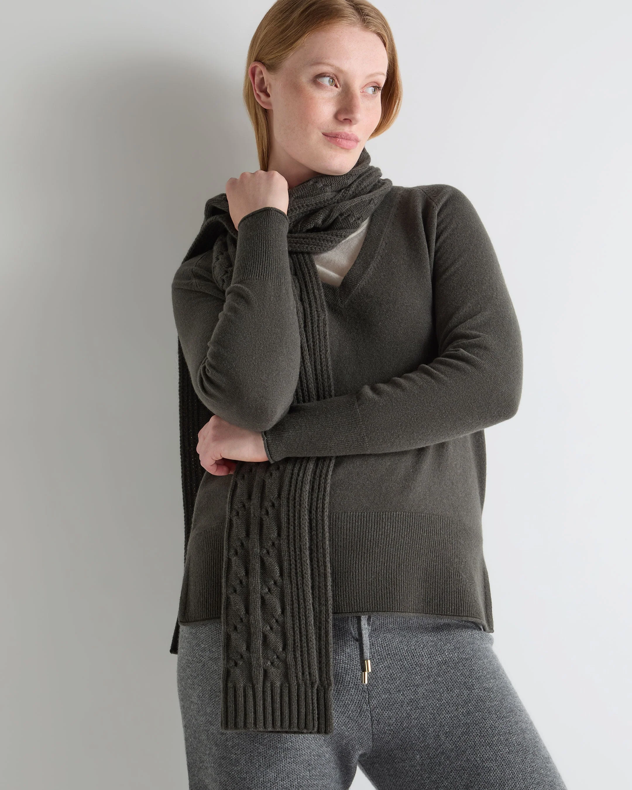 Unisex Cable Rib Cashmere Scarf Arabica Khaki Green - Image 3