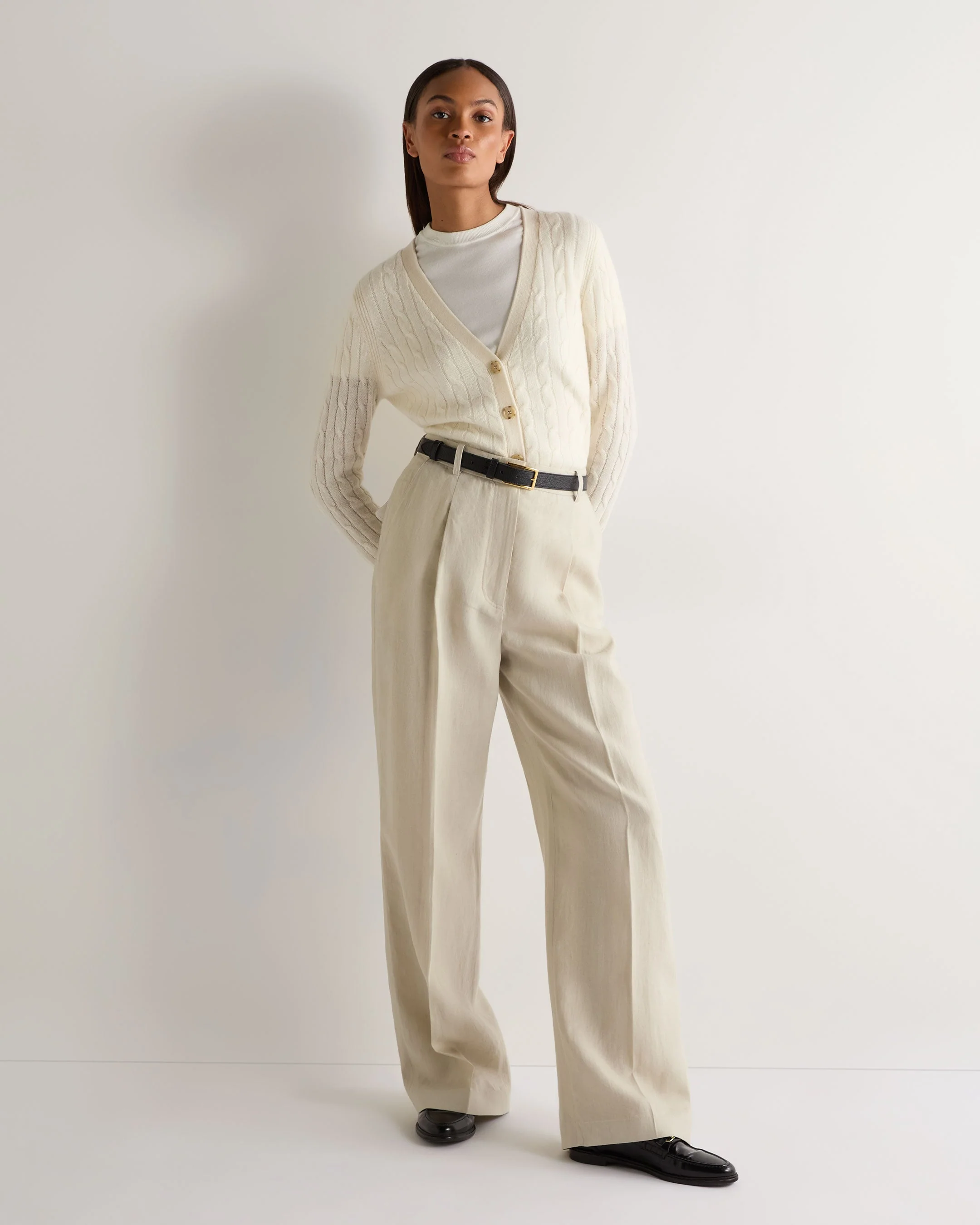 Women's Clara Cable V Neck Cashmere Cardigan New Ivory White - Image 3