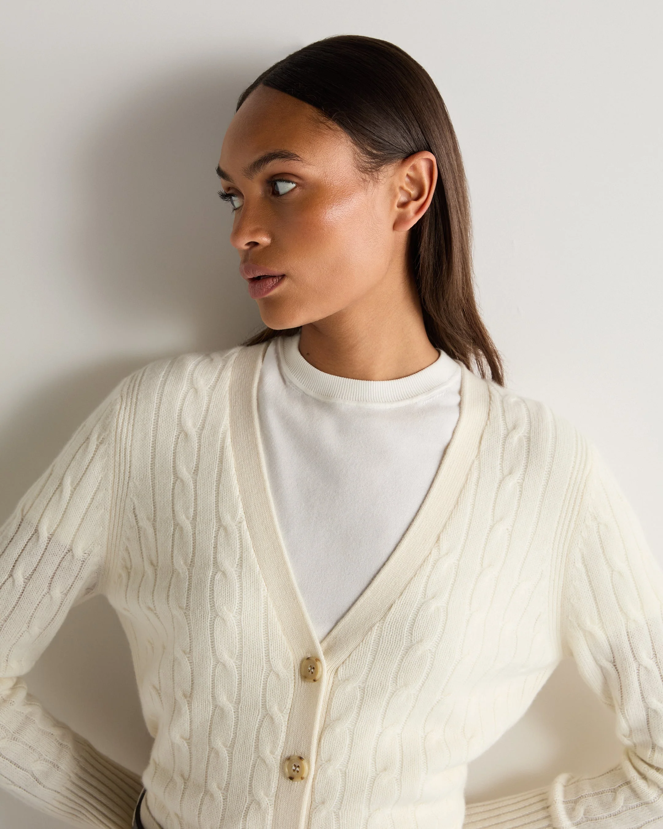 Women's Clara Cable V Neck Cashmere Cardigan New Ivory White - Image 5
