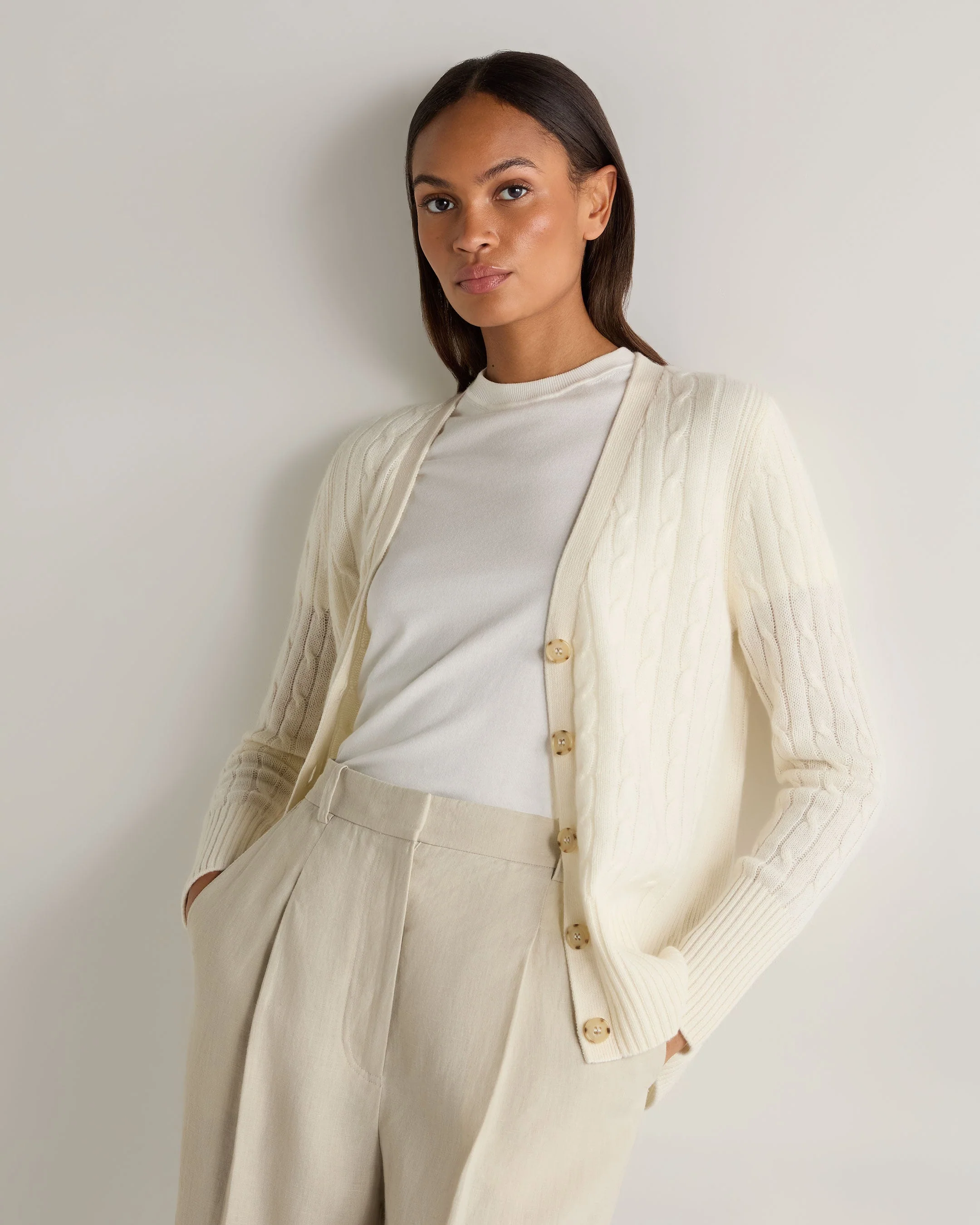 Women's Clara Cable V Neck Cashmere Cardigan New Ivory White - Image 6
