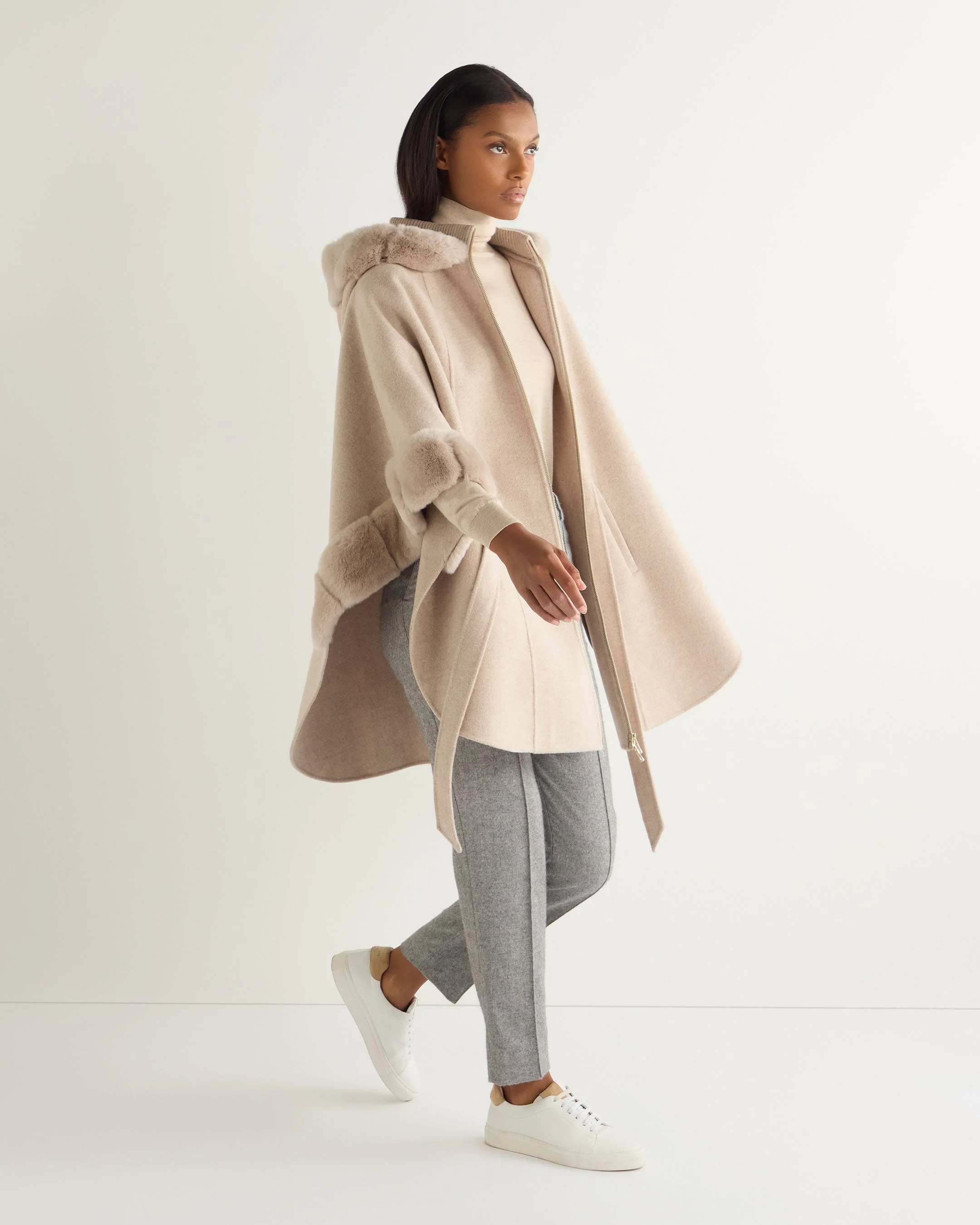 Women's Poppy Cape With Fur Trim Sand Brown - Image 3