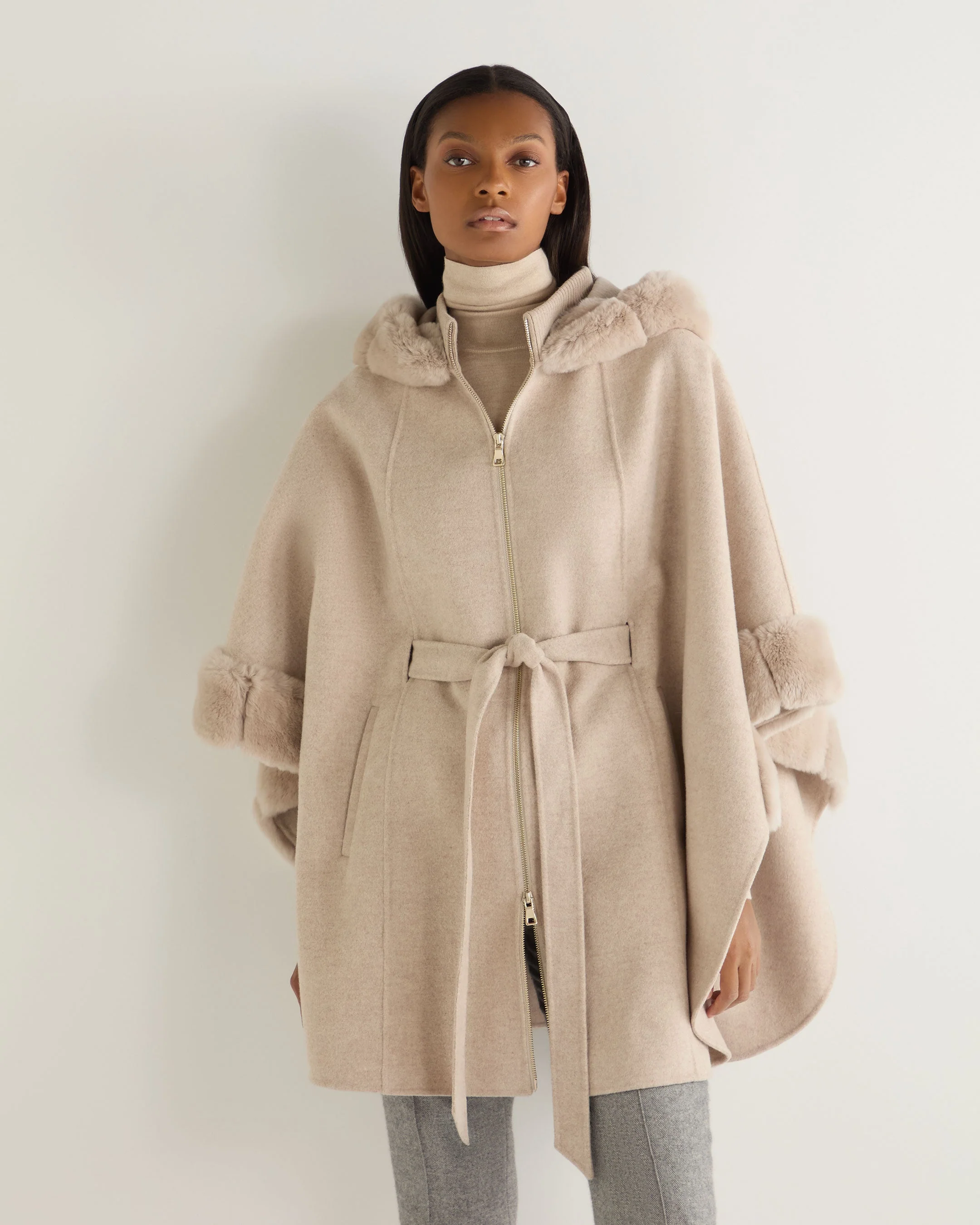 Women's Poppy Cape With Fur Trim Sand Brown - Image 7