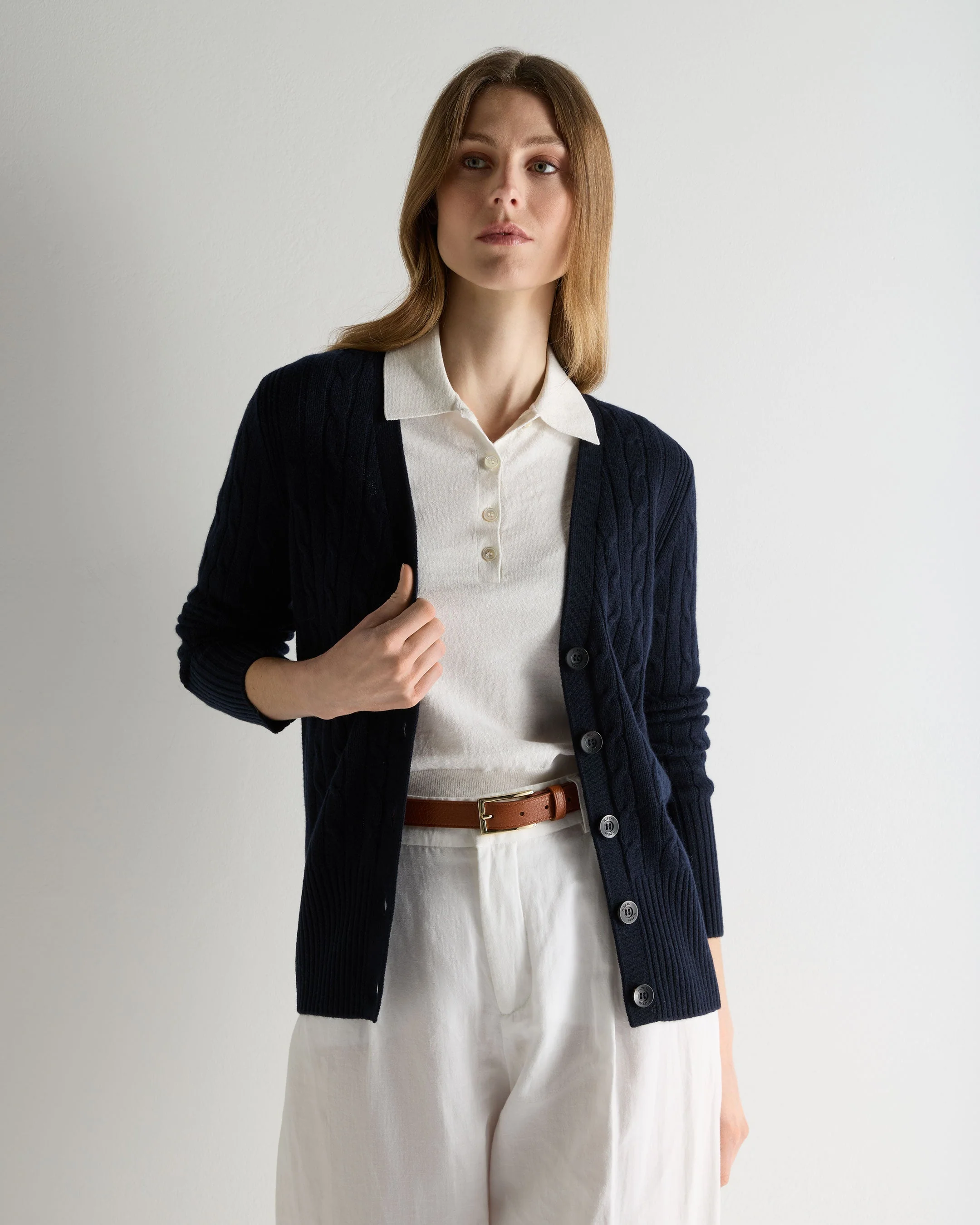 Women's Clara Cable V Neck Cashmere Cardigan Navy Blue