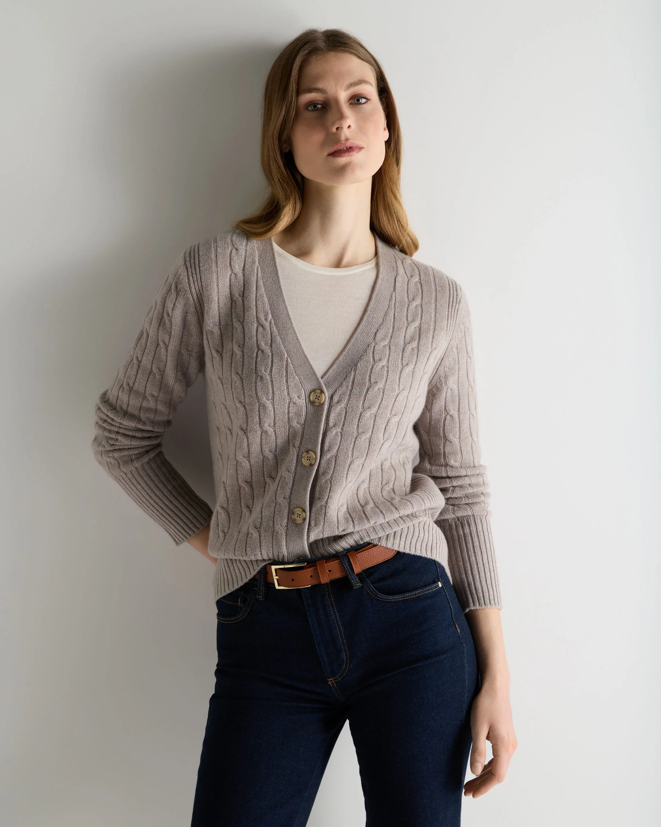 Women's Clara Cable V Neck Cashmere Cardigan Oat Grey