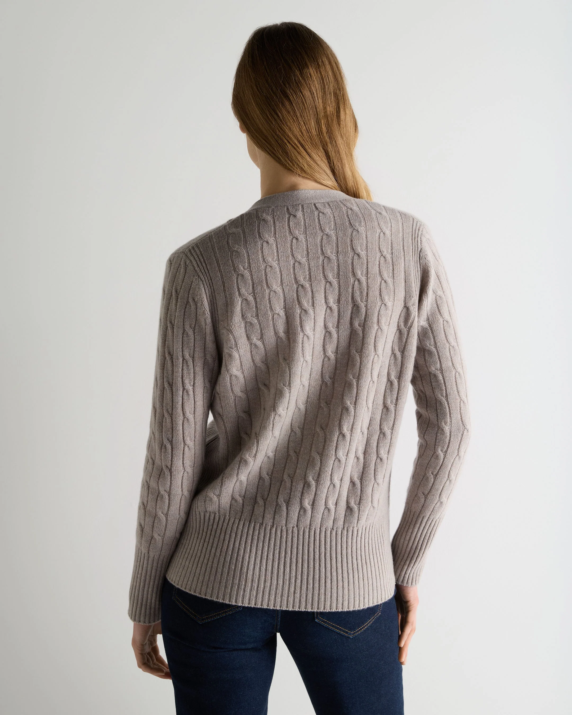 Women's Clara Cable V Neck Cashmere Cardigan Oat Grey - Image 4
