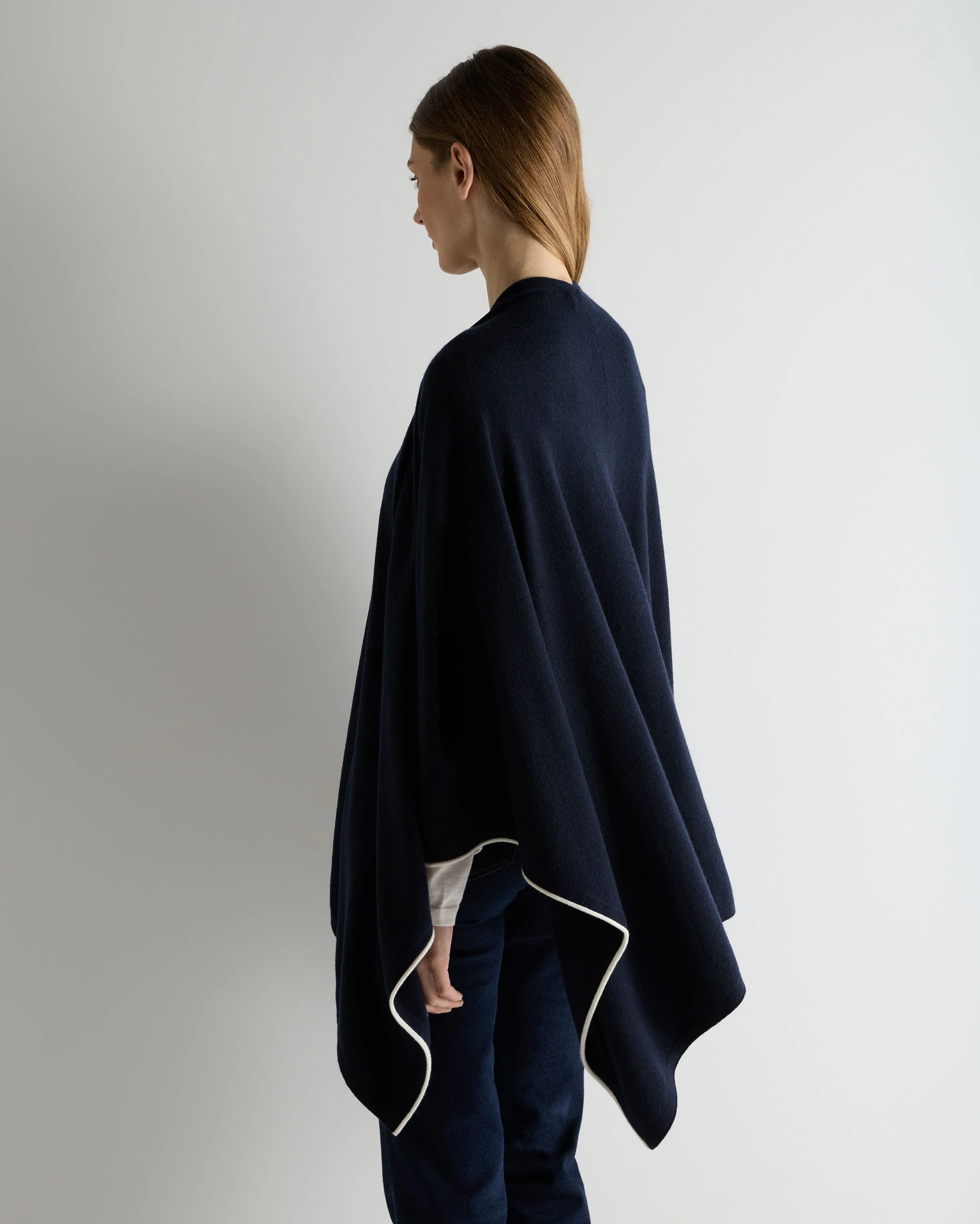 Women's Contrast Trim Cashmere Cape Navy Blue - Image 4