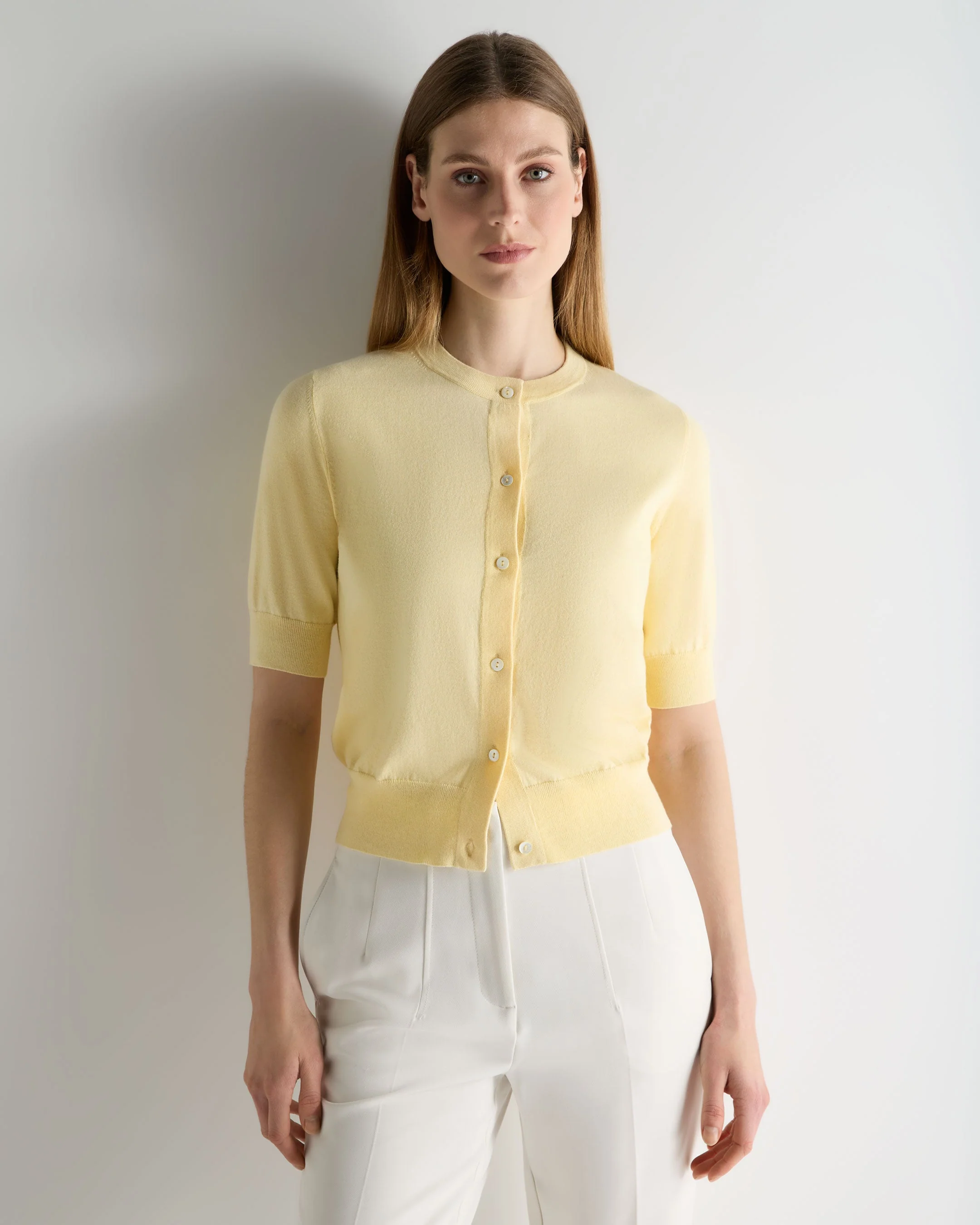 Women's Cotton Cashmere Short Sleeve Cardigan Lemon Yellow