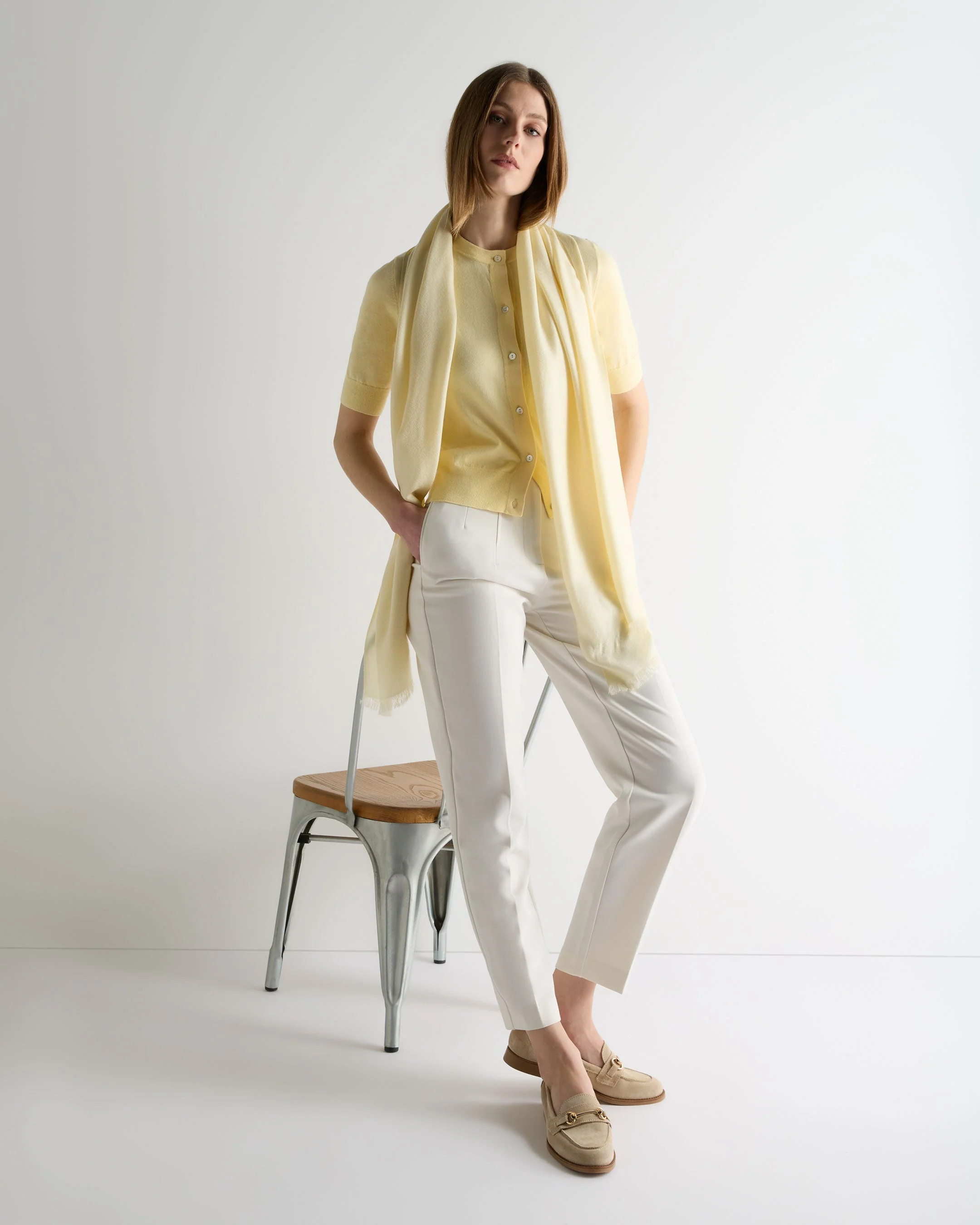 Women's Cotton Cashmere Short Sleeve Cardigan Lemon Yellow - Image 3