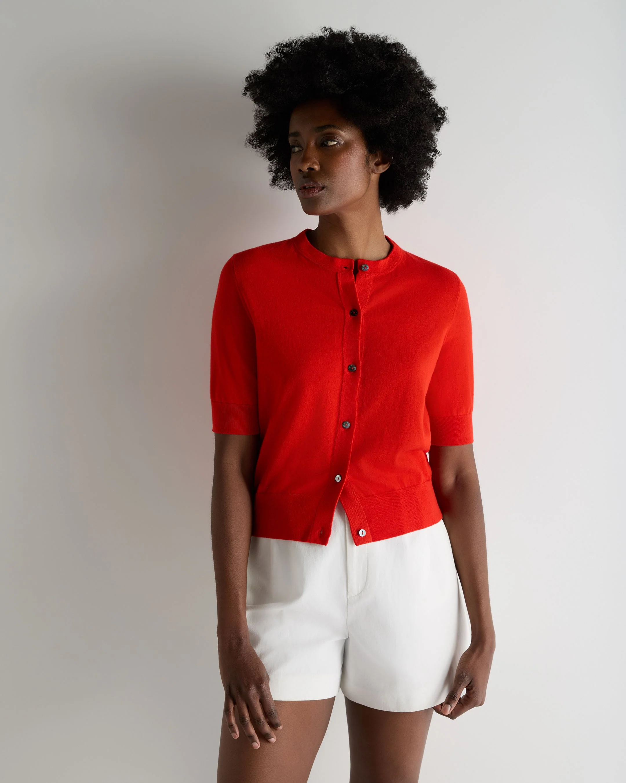 Women's Cotton Cashmere Short Sleeve Cardigan Tomato Red