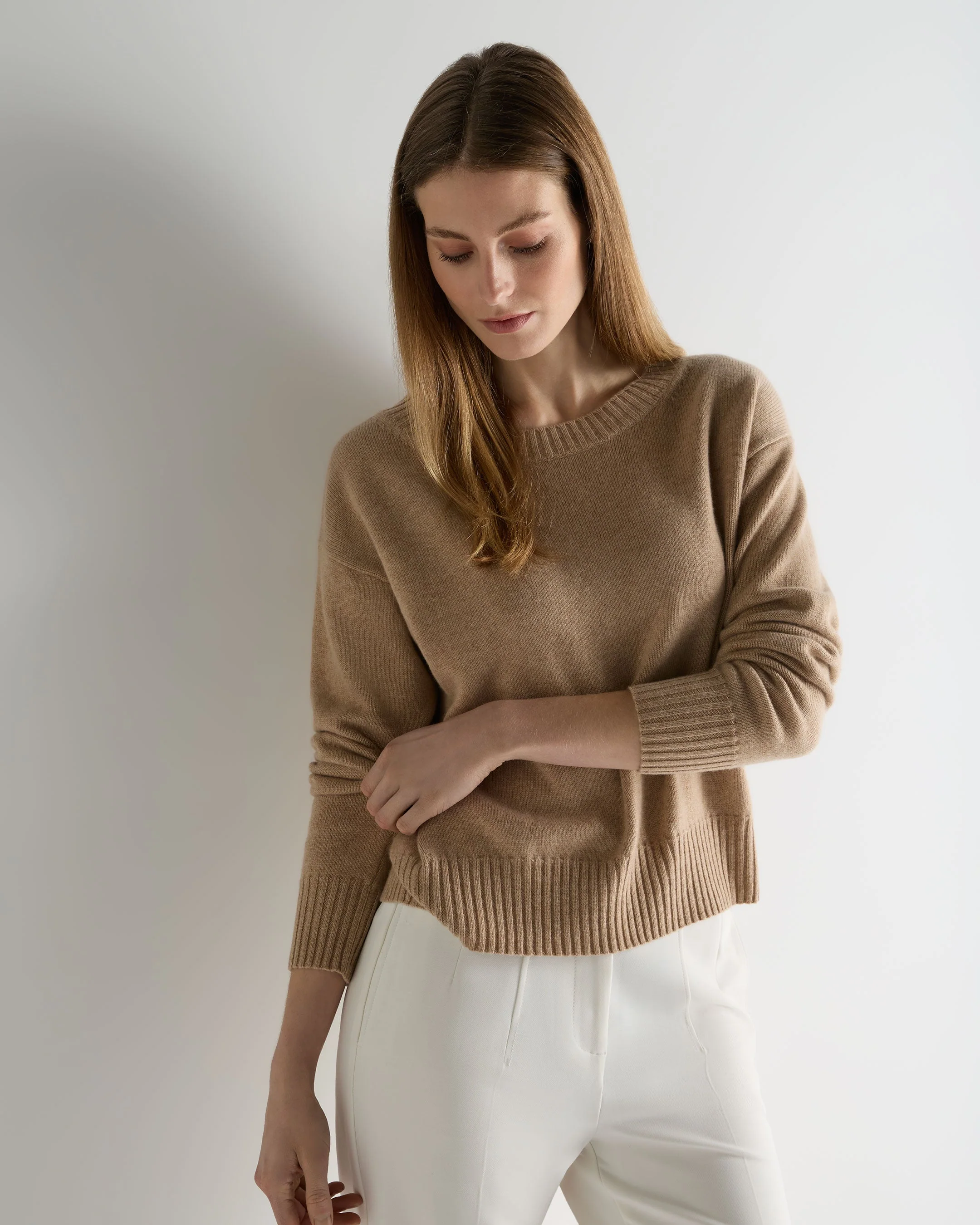 Women's Crop Boat Neck Cashmere Sweater Cappuccino Brown