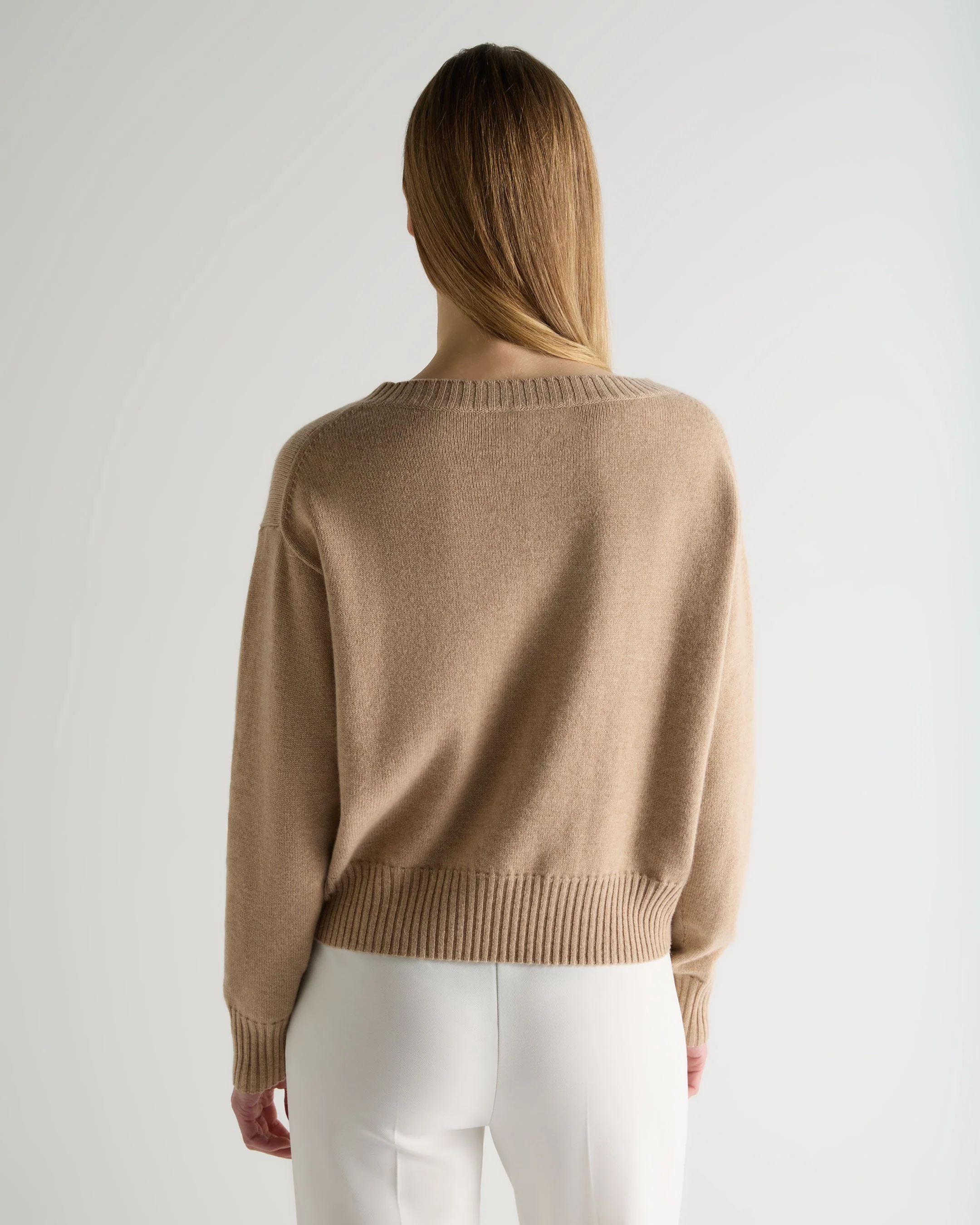 Women's Crop Boat Neck Cashmere Sweater Cappuccino Brown - Image 4