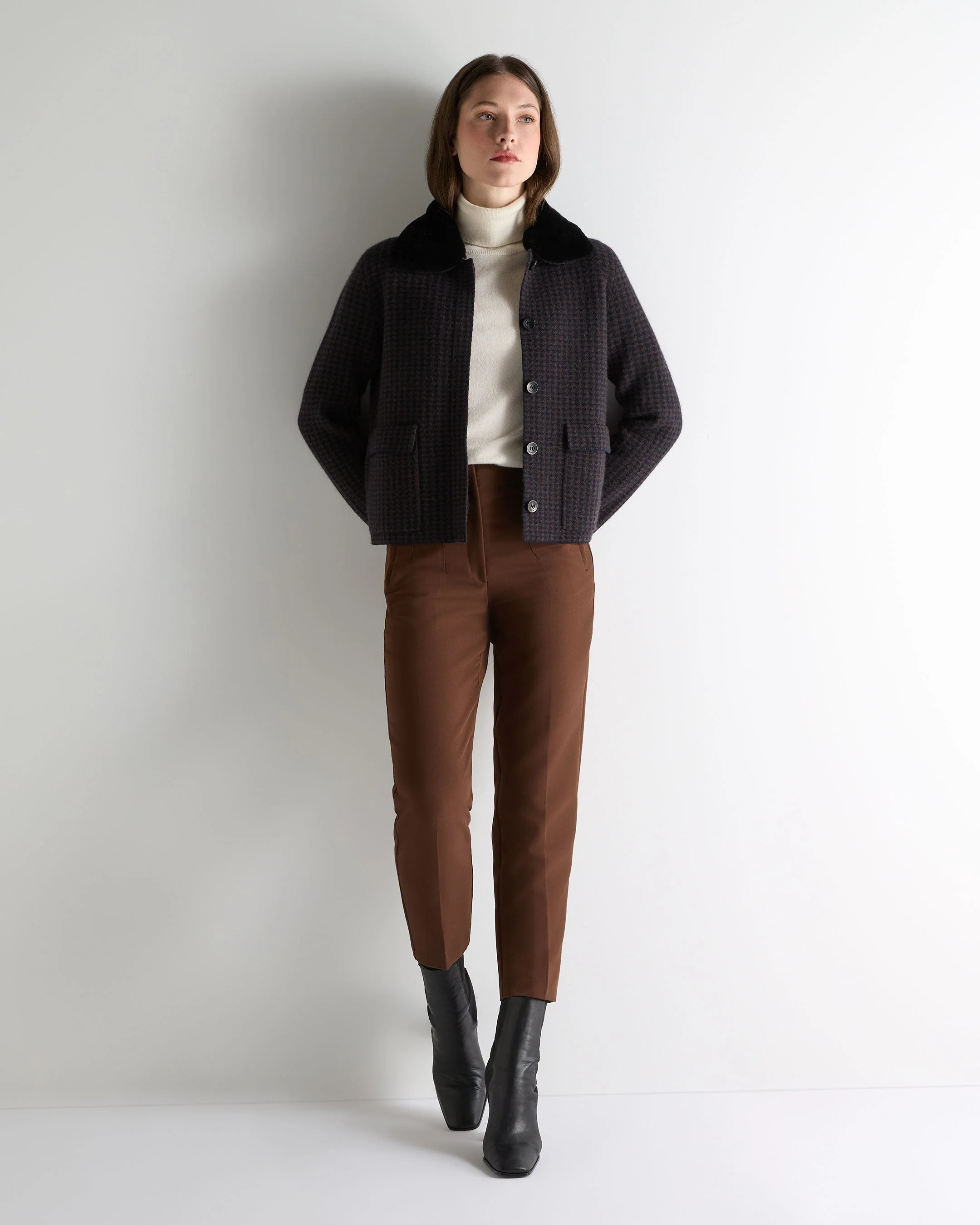 Women's Dogtooth Fur Trim Cashmere Jacket Navy Blue - Image 3