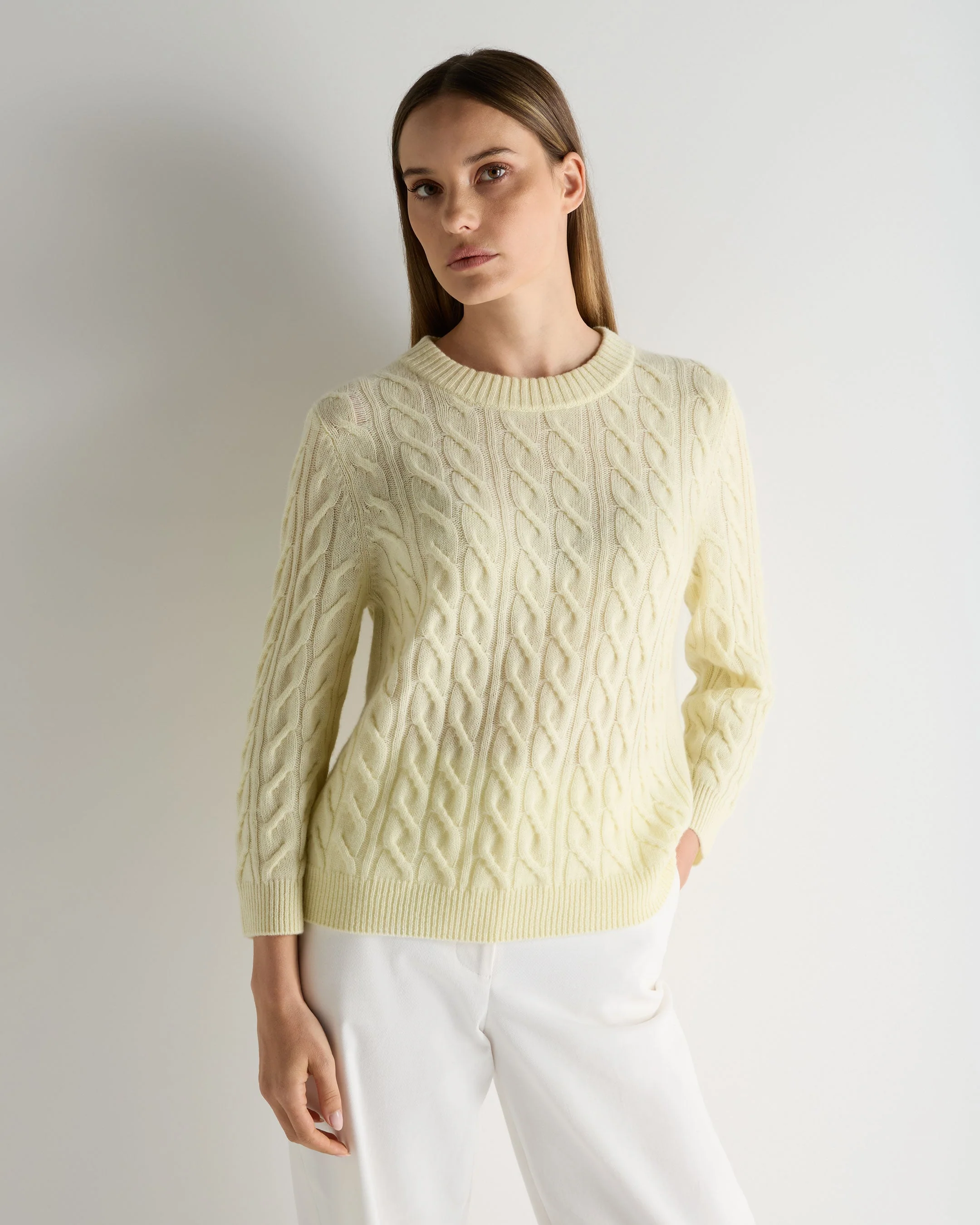 Women's Emilia Cable Round Neck Cashmere Sweater Butter Yellow