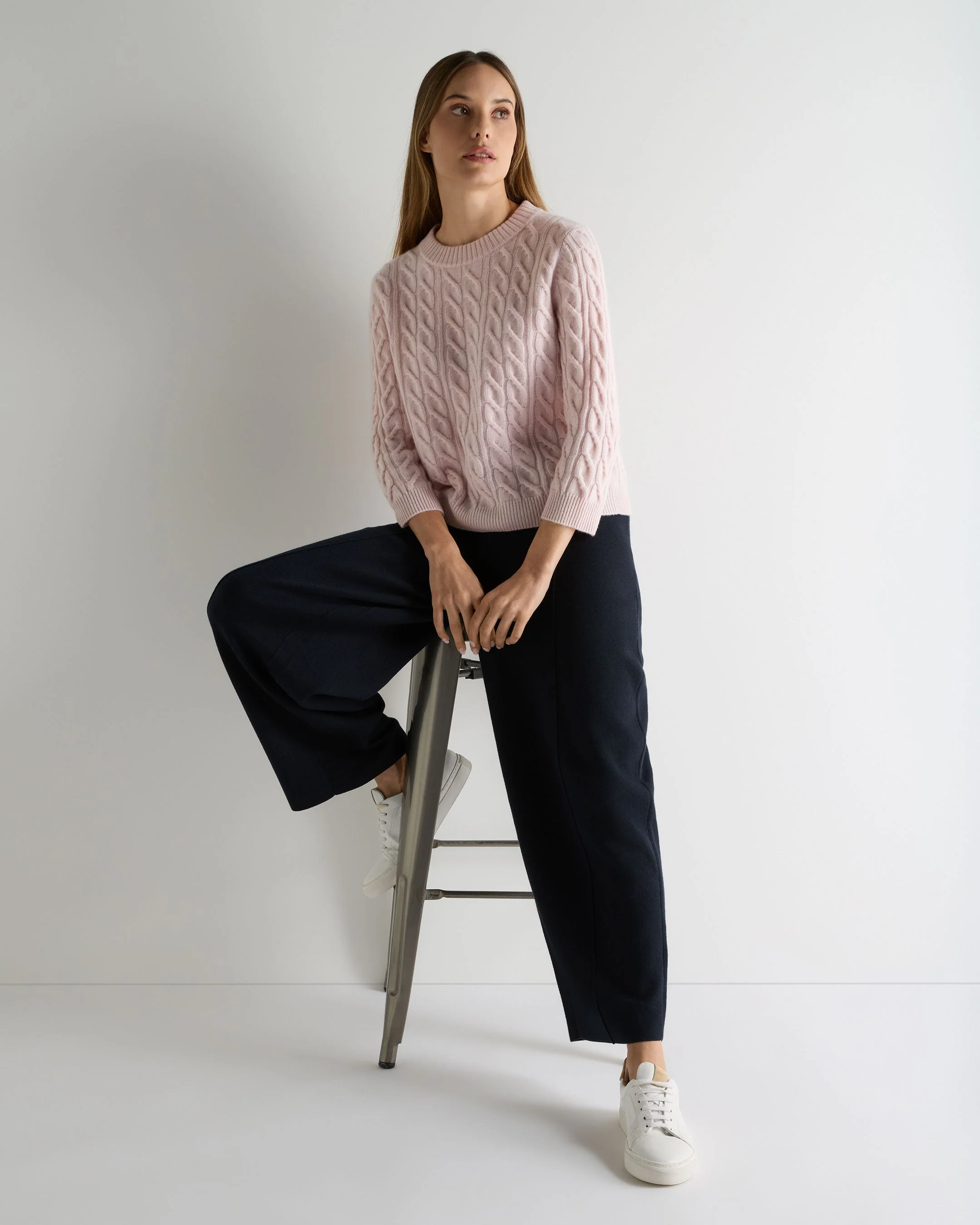 Women's Emilia Cable Round Neck Cashmere Sweater Powder Pink - Image 3