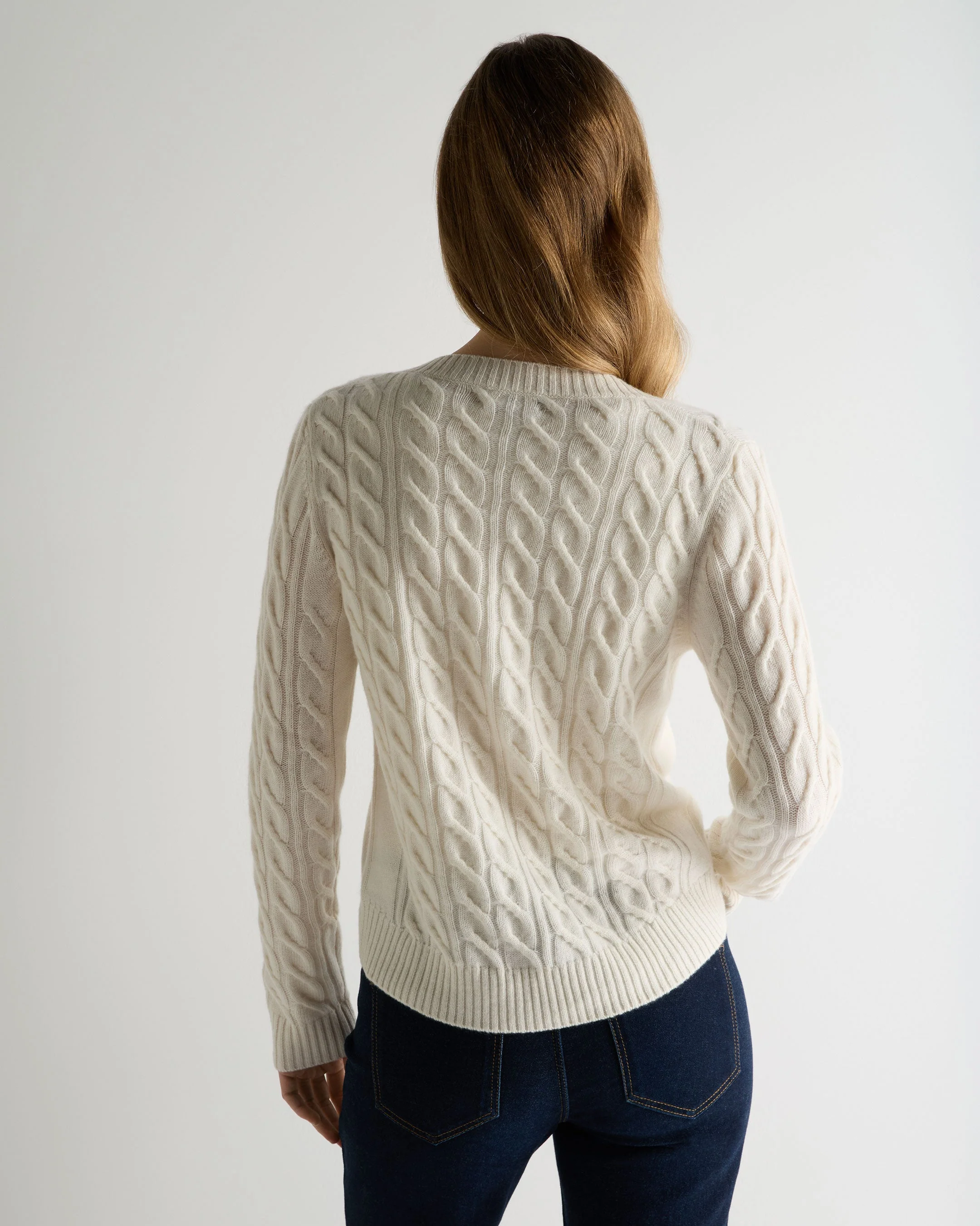Women's Frankie Cable V Neck Cashmere Sweater New Ivory White - Image 4