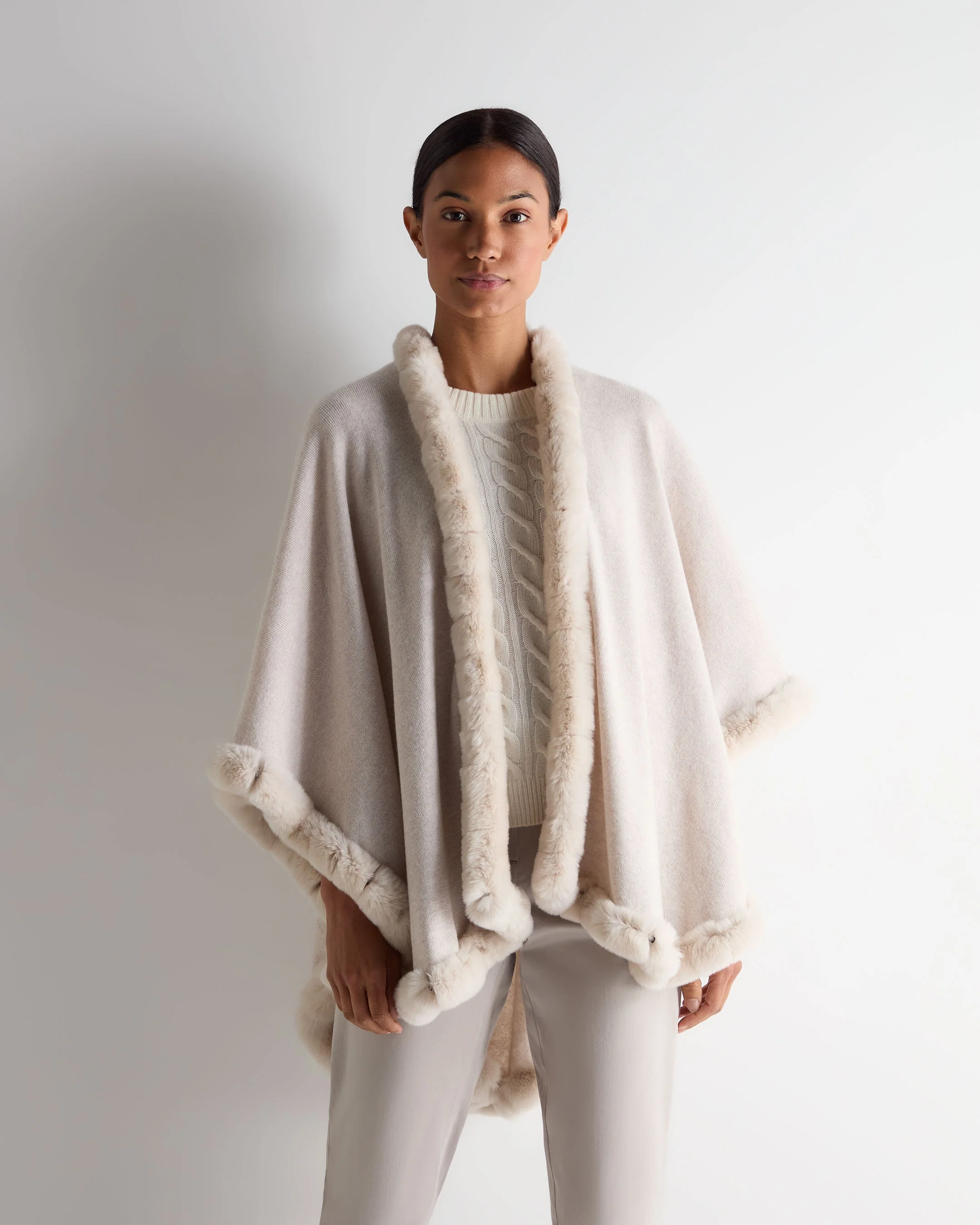 Women's Ayla Fur Trim Cashmere Cape Frost White