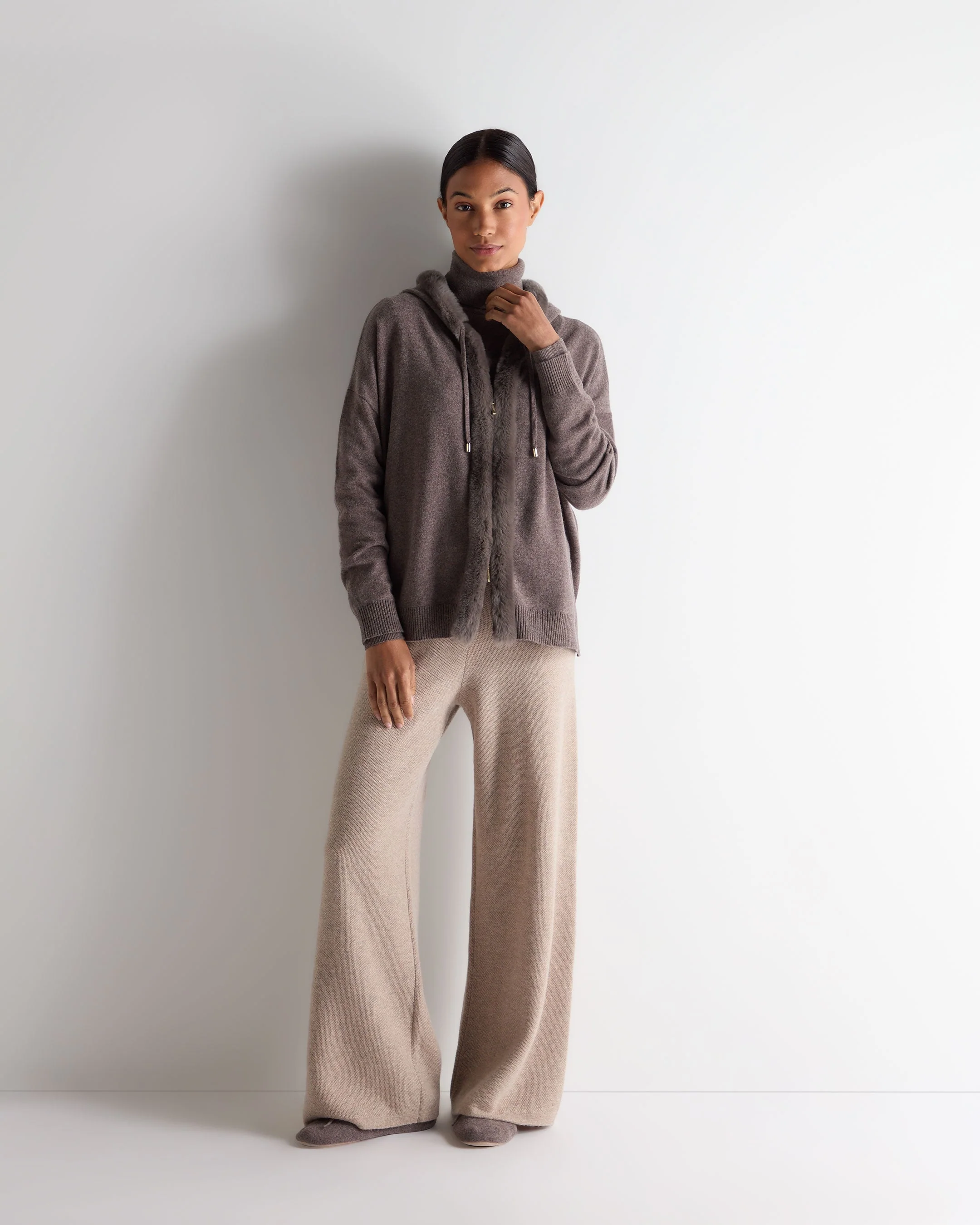 Women's Alicia Fur Trim Cashmere Hoodie Otter Brown - Image 3