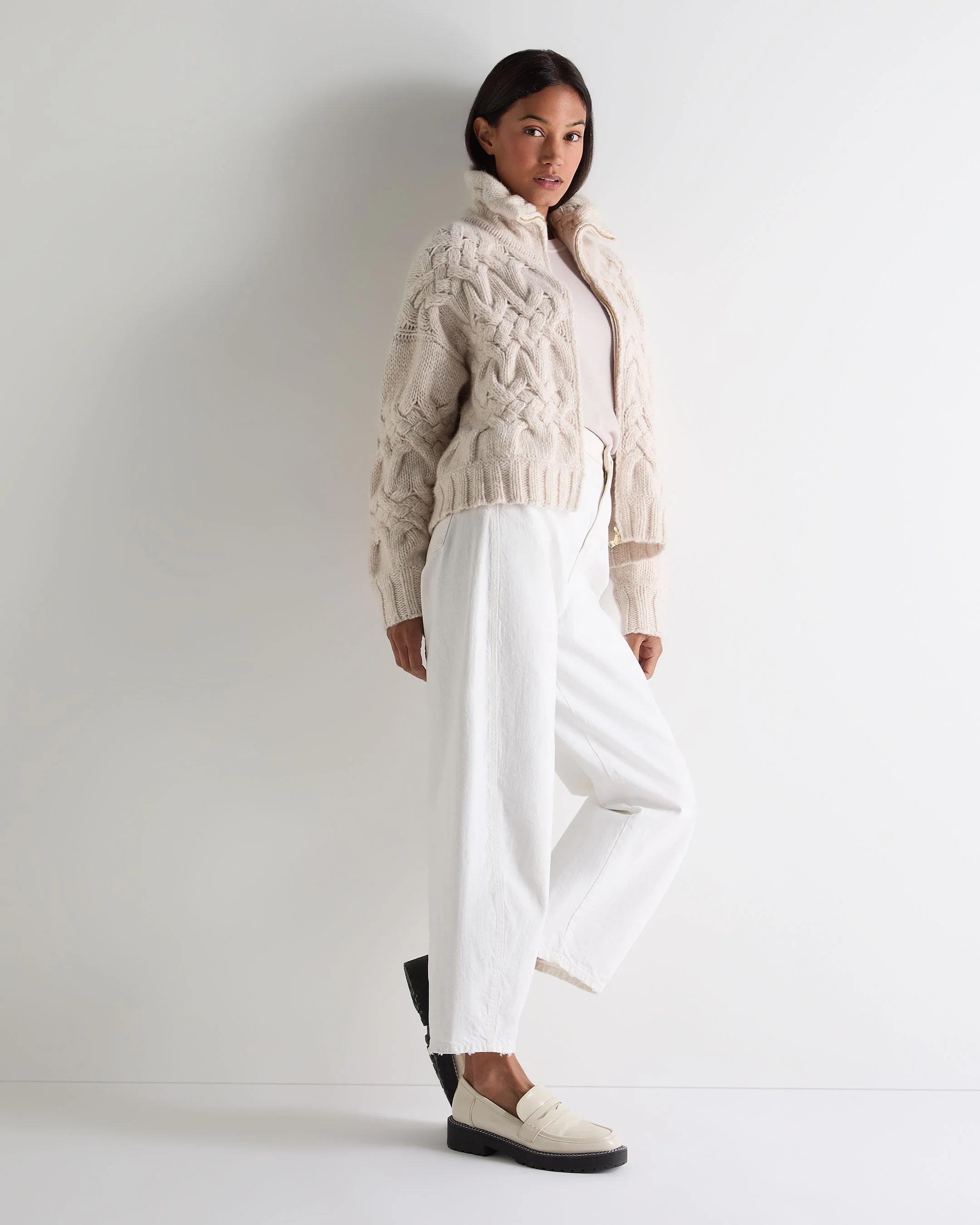 Women's Hero Zip Cable Cashmere Sweater Ecru White - Image 3