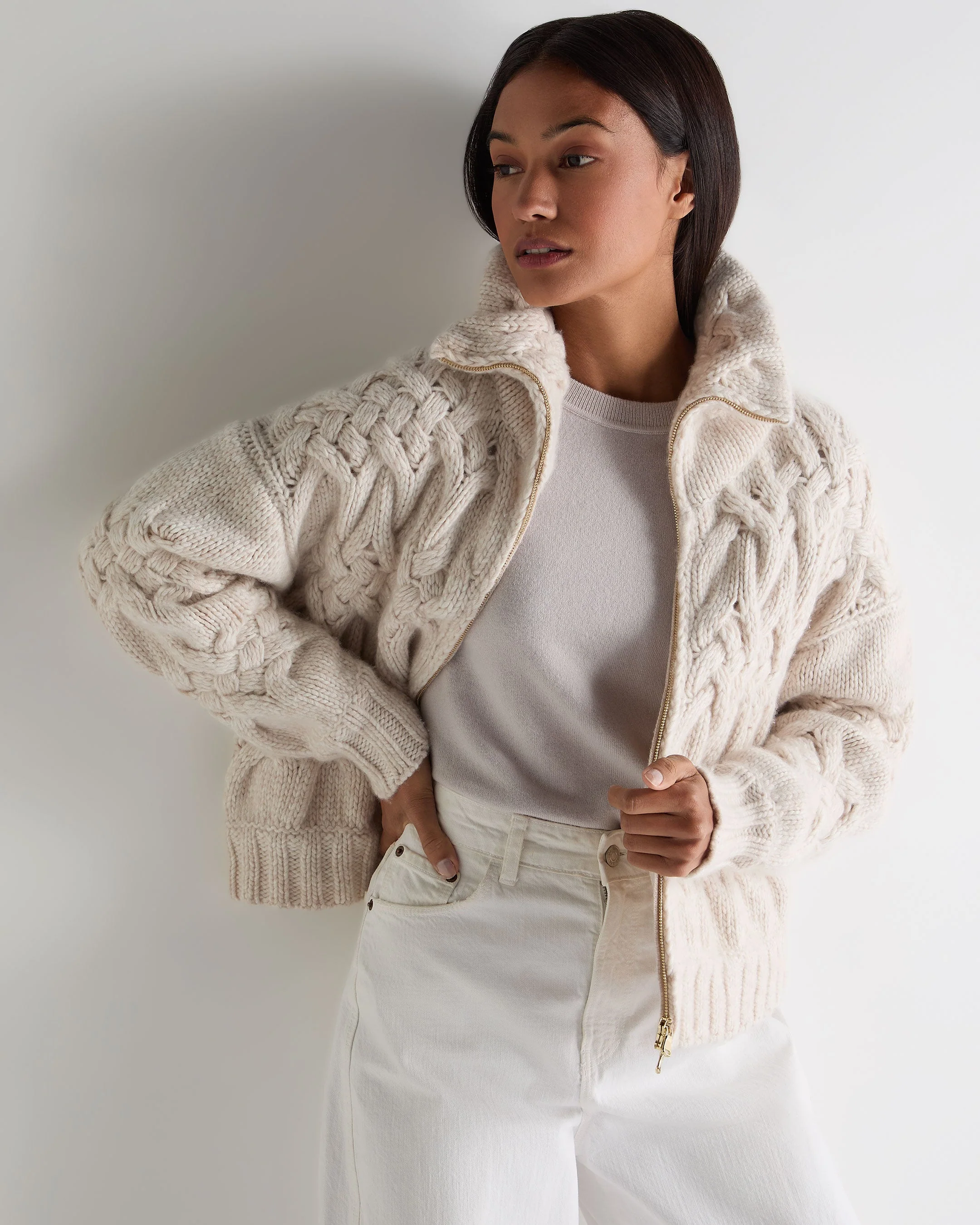 Women's Hero Zip Cable Cashmere Sweater Ecru White - Image 6