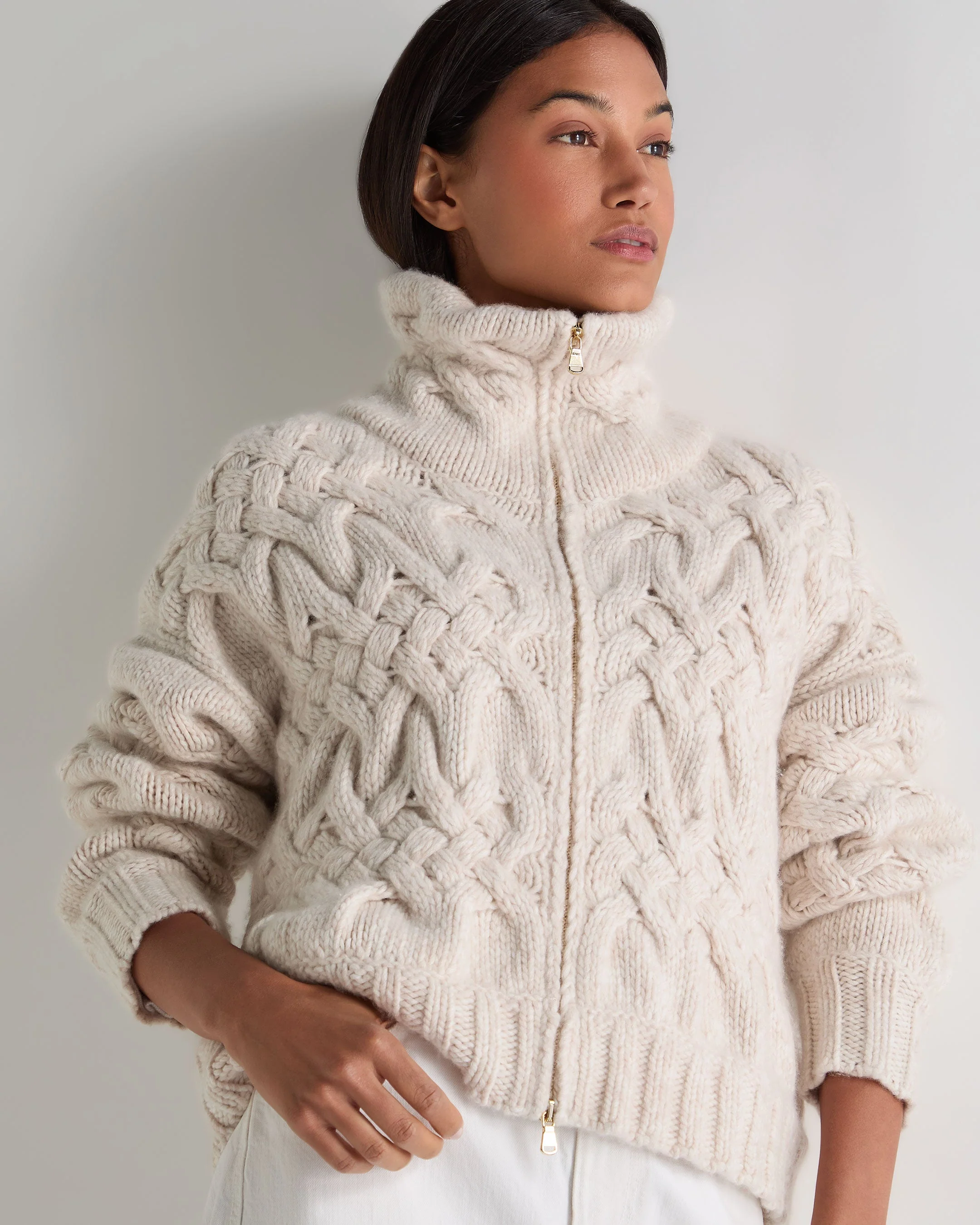 Women's Hero Zip Cable Cashmere Sweater Ecru White - Image 7