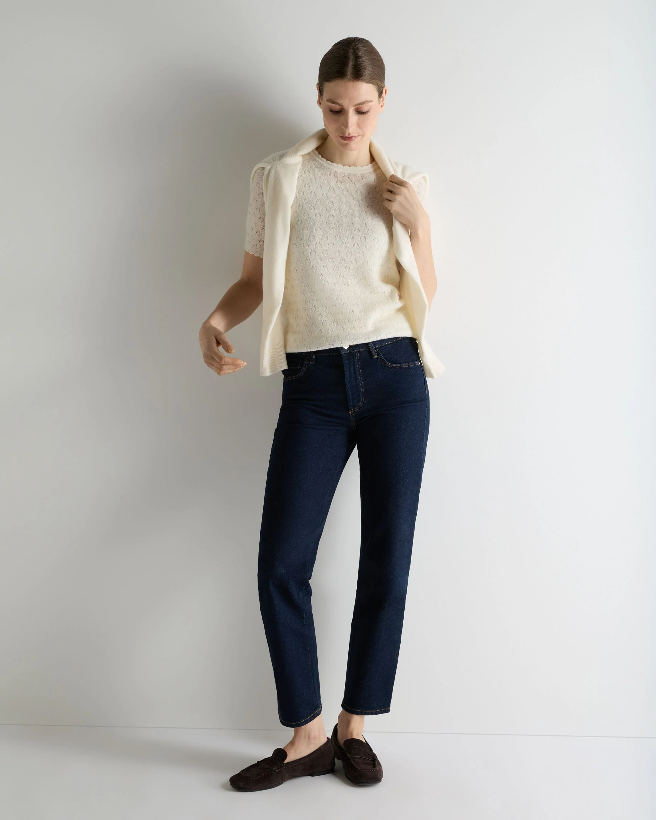 Women's Lace Stitch Cashmere T-Shirt New Ivory White Sparkle - Image 3