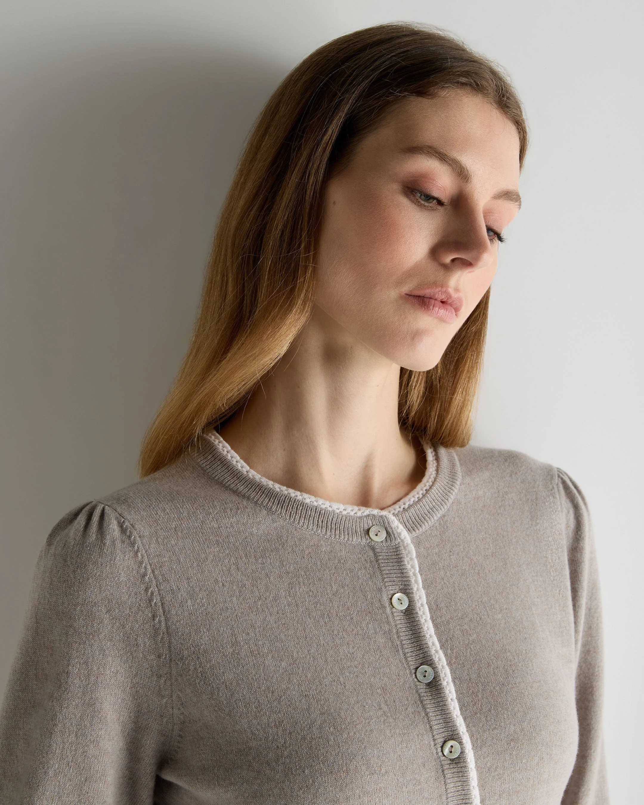 Women's Lace Trim Cashmere Cardigan Oat Grey - Image 5