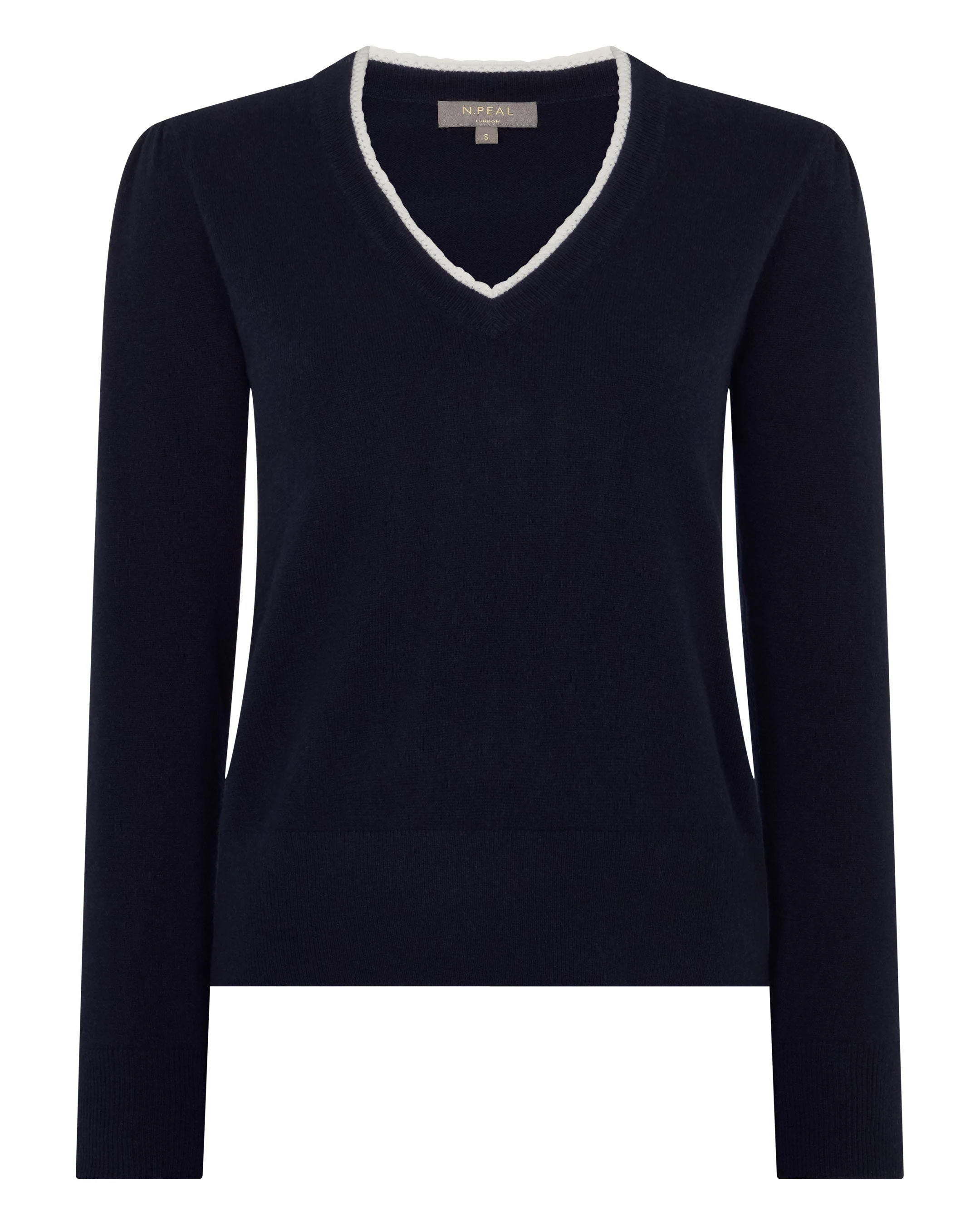Women's Lace Trim V Neck Cashmere Sweater Navy Blue - Image 2