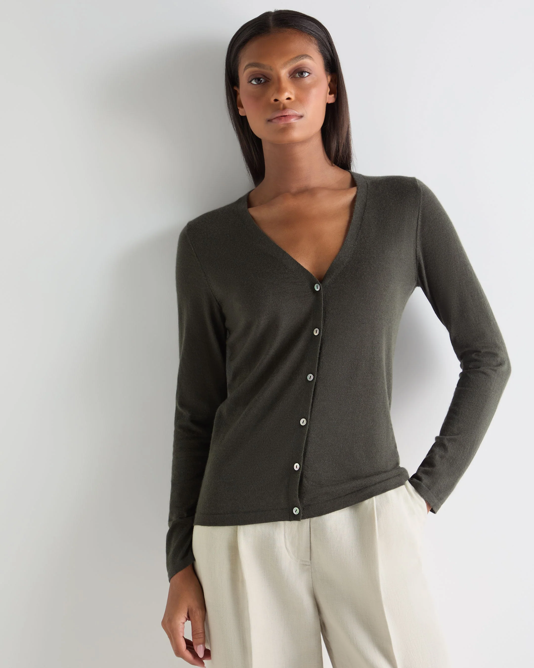 Women's Mia Superfine Cashmere V Neck Cardigan Arabica Khaki Green