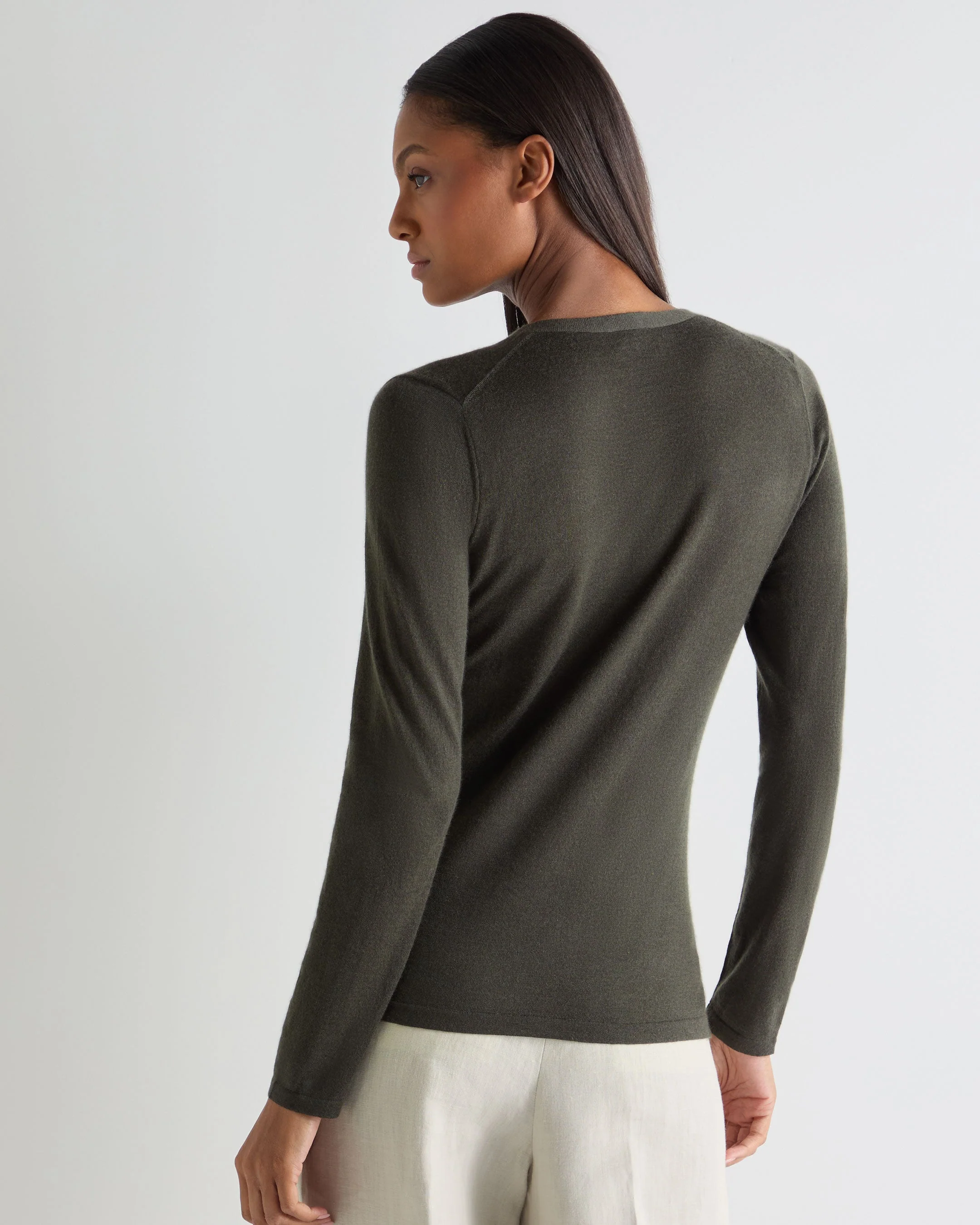 Women's Mia Superfine Cashmere V Neck Cardigan Arabica Khaki Green - Image 4