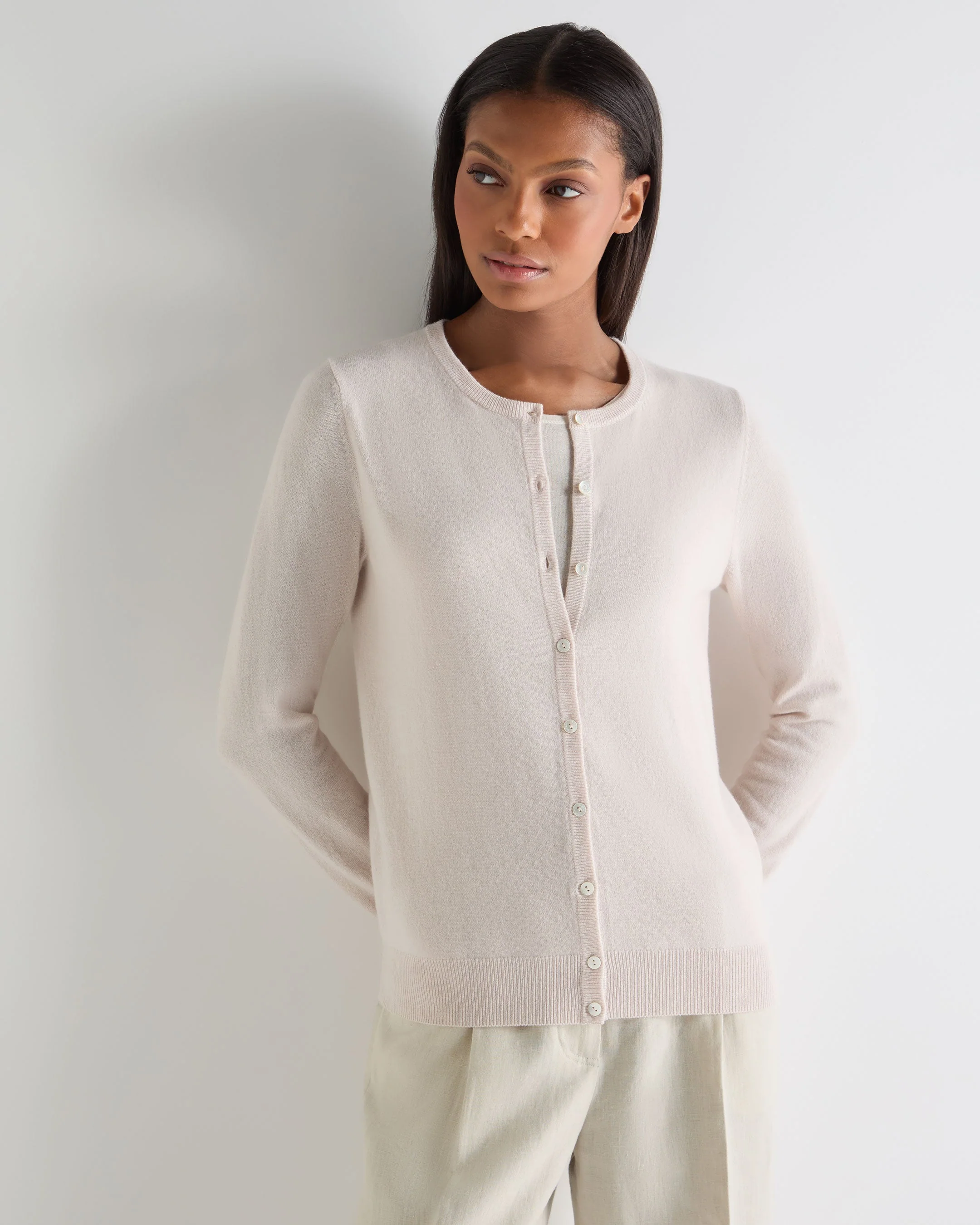Women's Olivia Round Neck Cashmere Cardigan Dove Pink