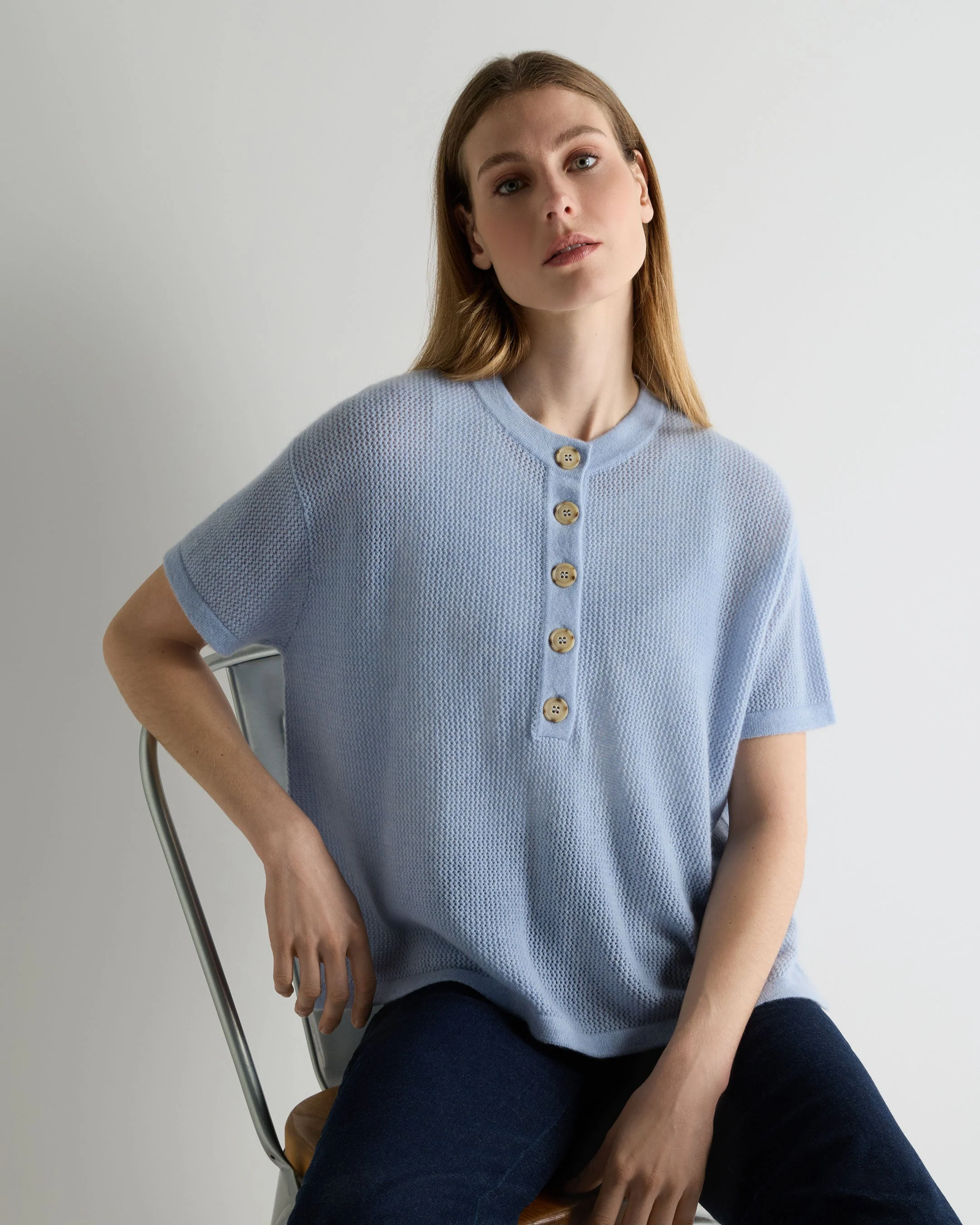 Women's Open Stitch Cashmere Top Sea Mist Blue