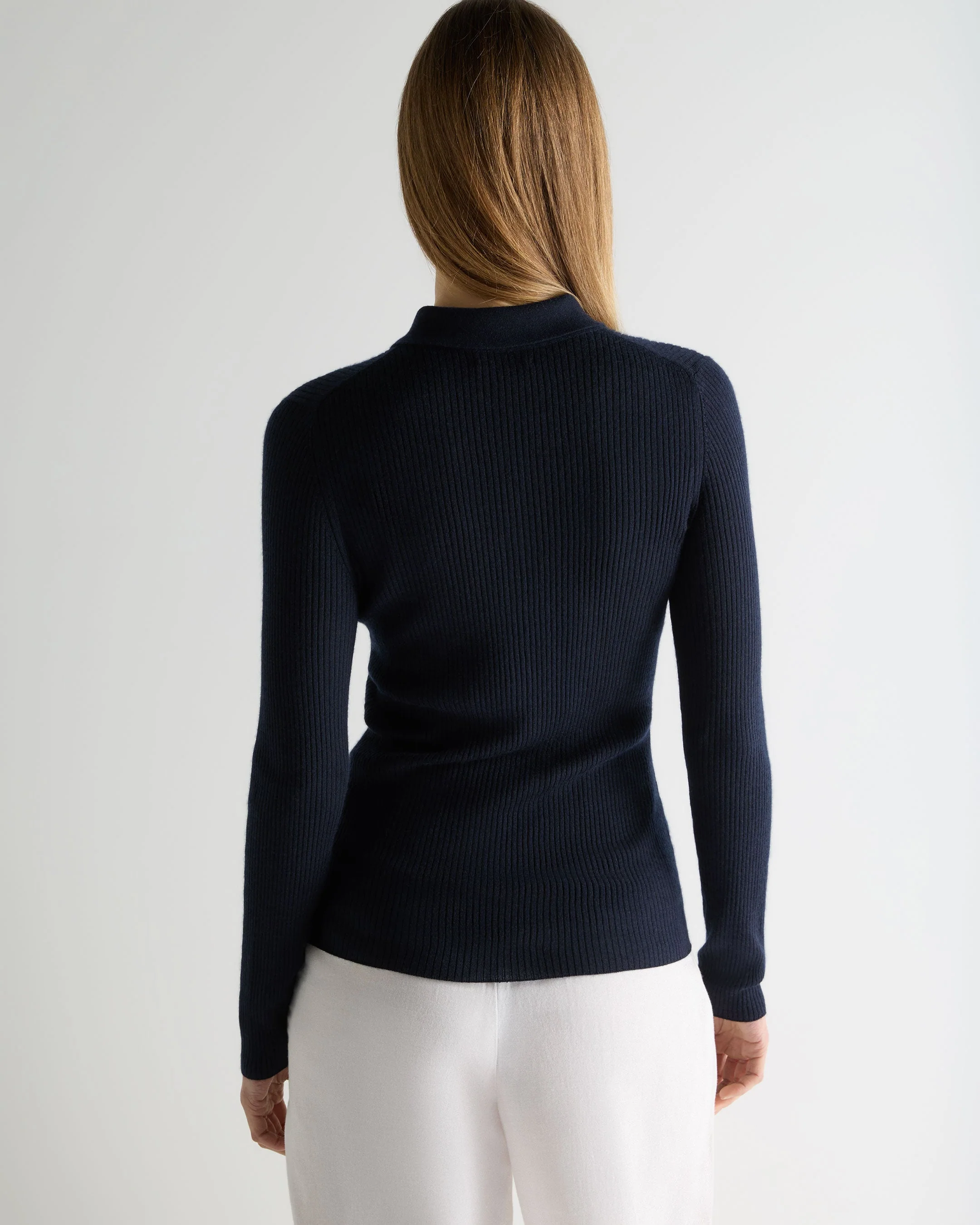 Women's Superfine Cashmere Ribbed Polo Top Navy Blue - Image 4