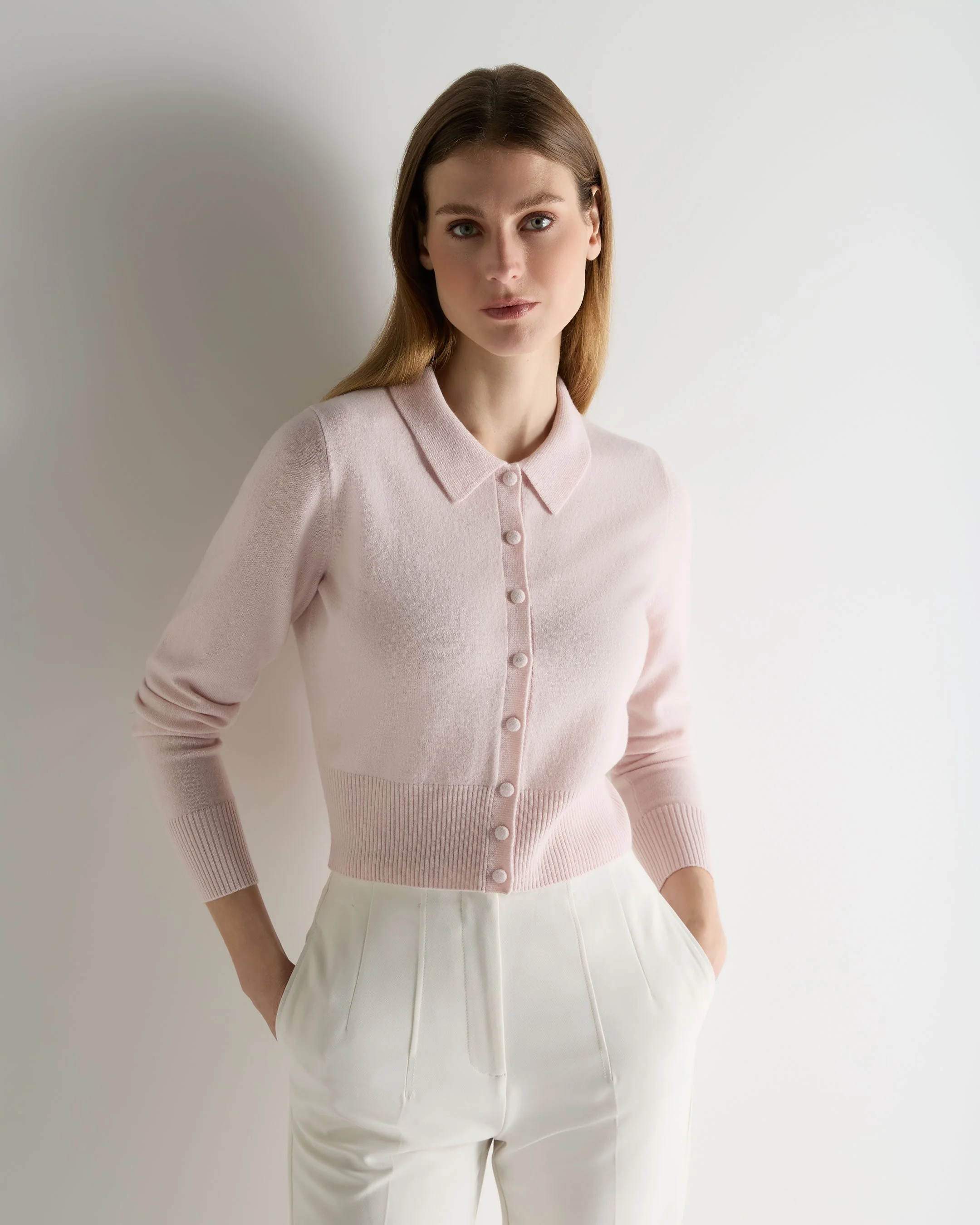 Women's Thea Collared Cashmere Cardigan Powder Pink