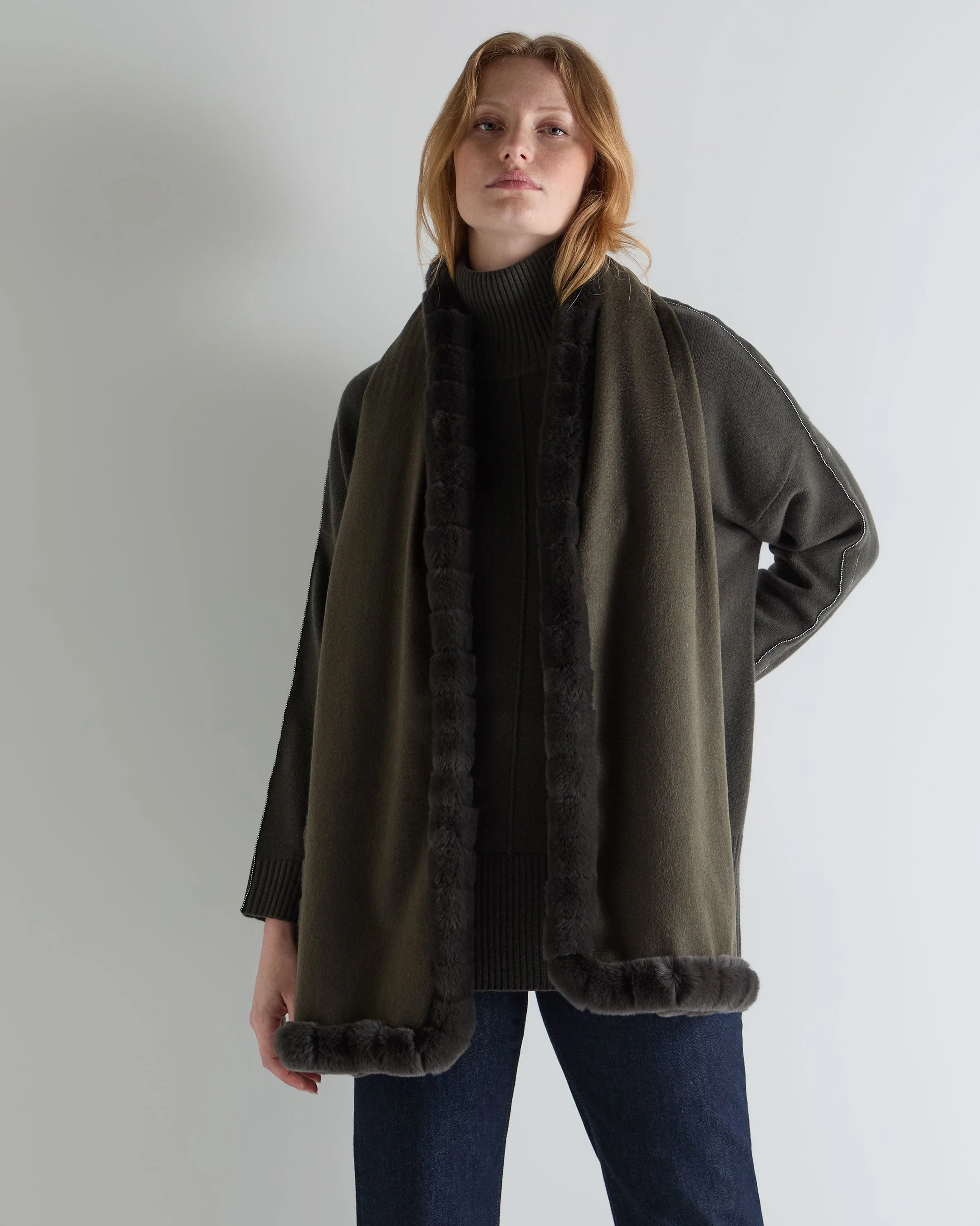 Women's Meribel Woven Fur Trim Scarf Arabica Khaki Green - Image 3
